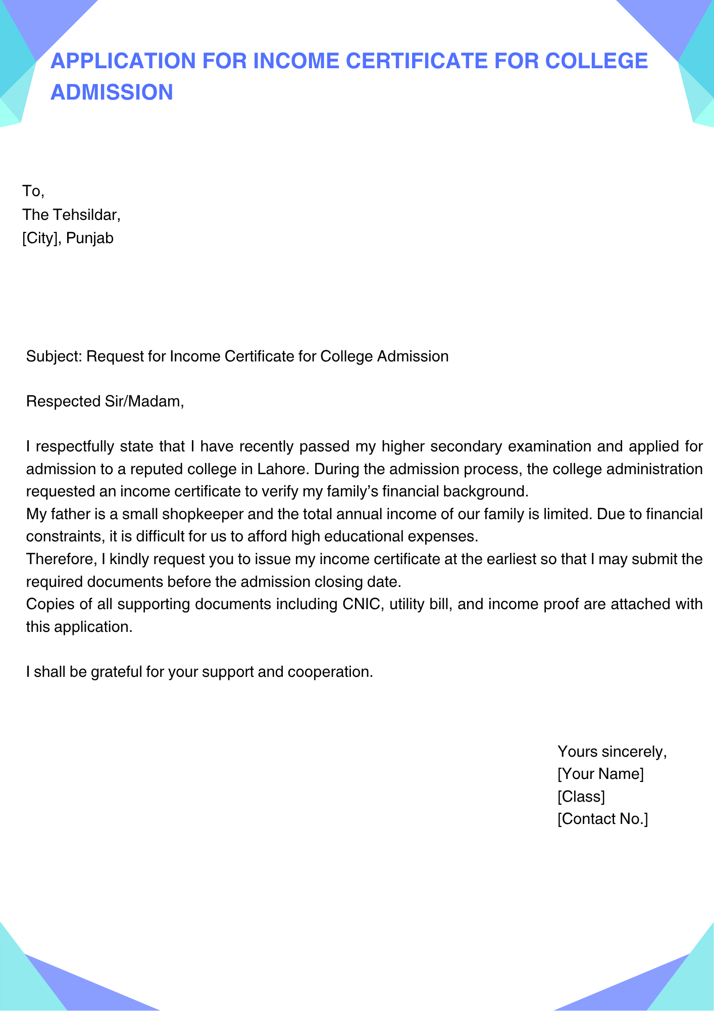 Application for Income Certificate for College Admission