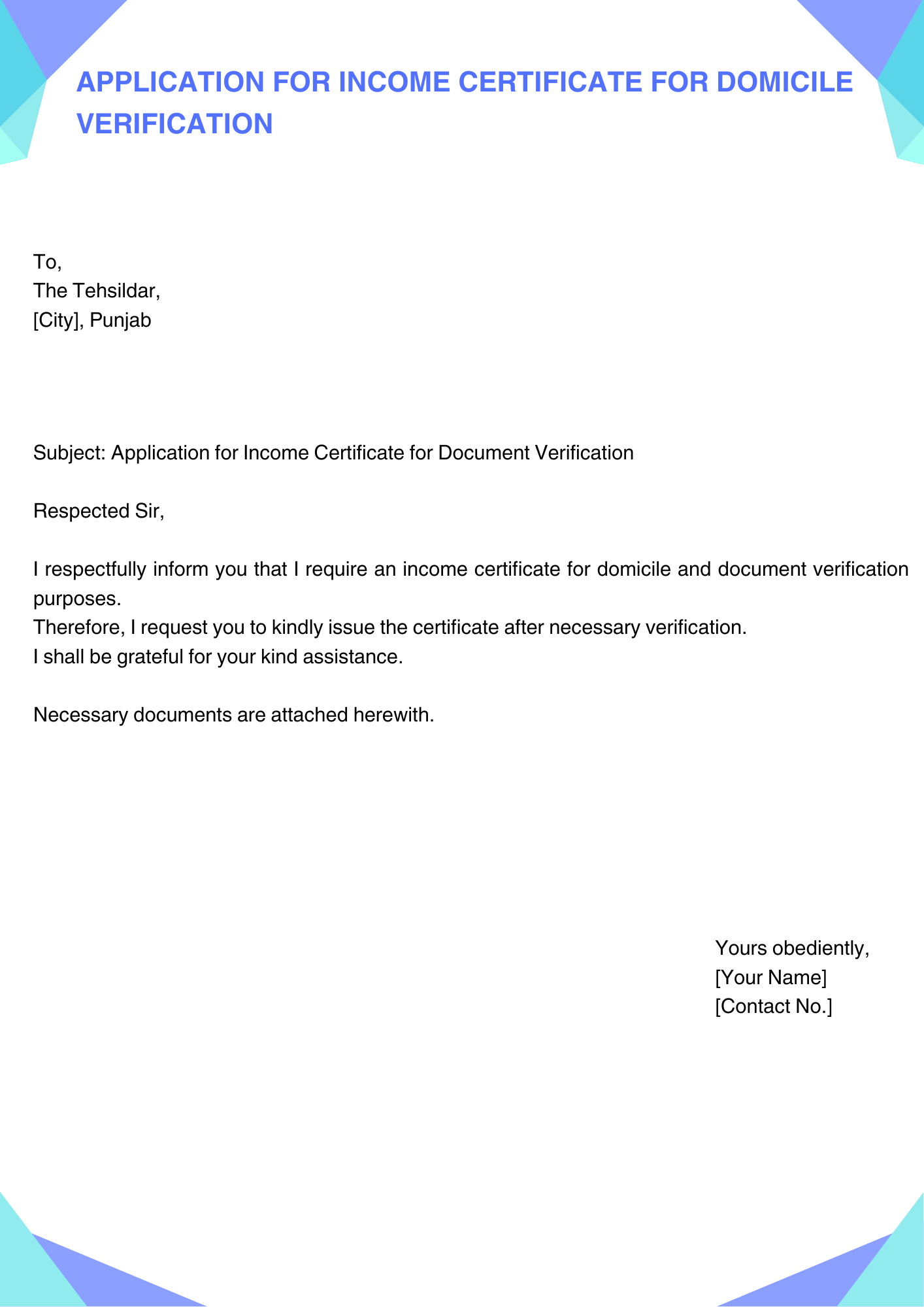 Application for Income Certificate for Domicile Verification