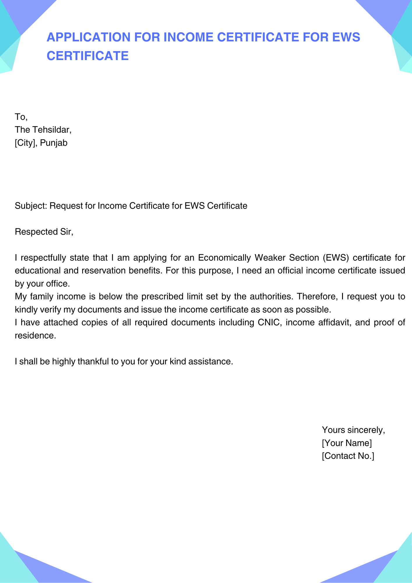 Application for Income Certificate for EWS Certificate