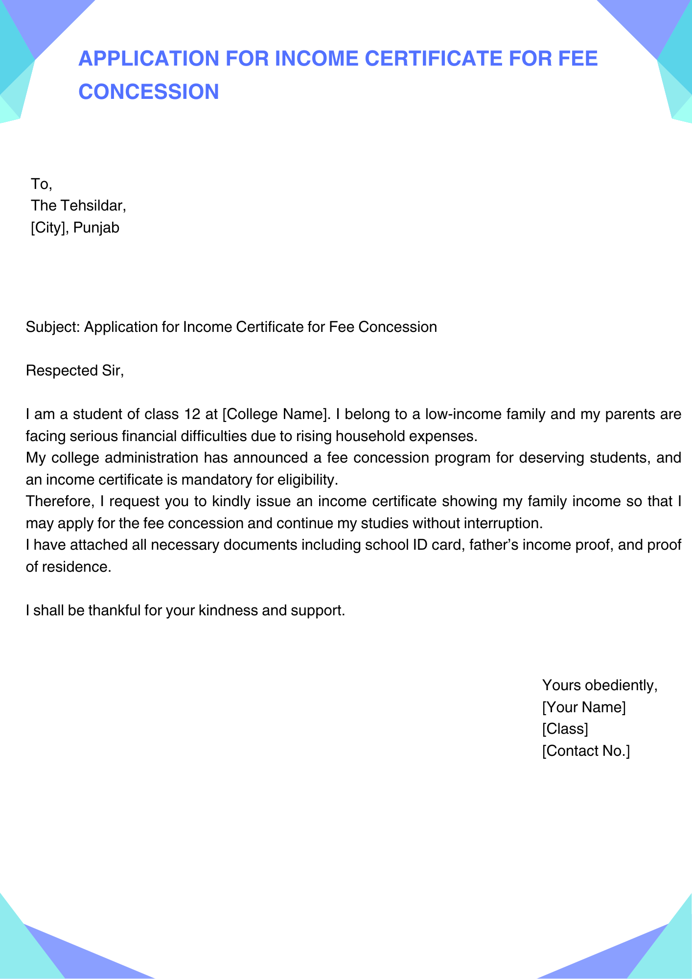 Application for Income Certificate for Fee Concession