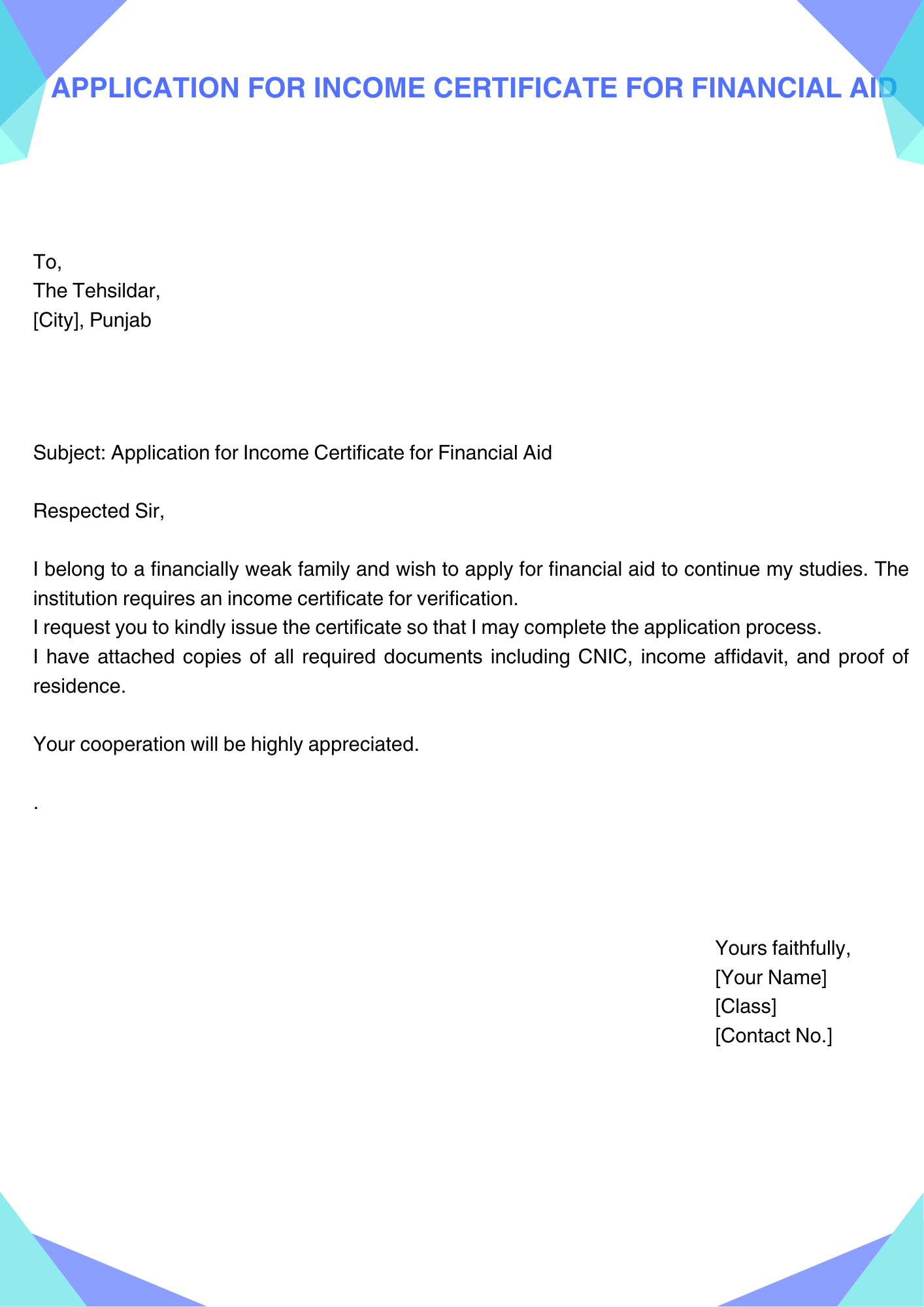 Application for Income Certificate for Financial Aid