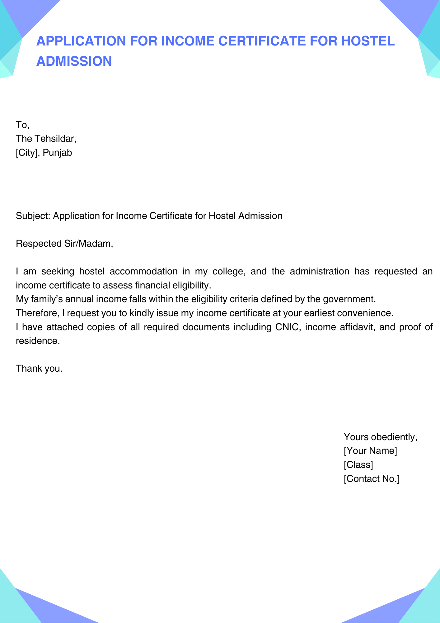 Application for Income Certificate for Hostel Admission