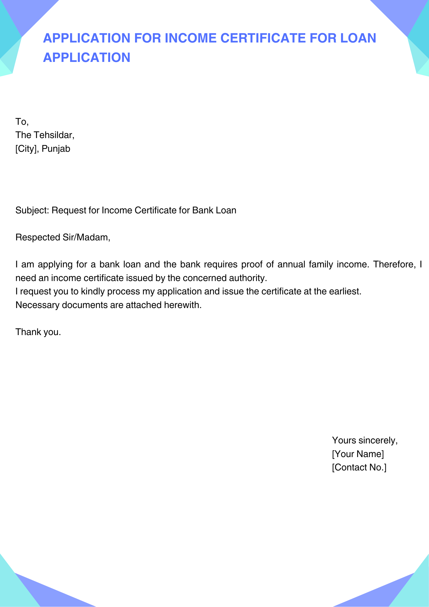 Application for Income Certificate for Loan Application