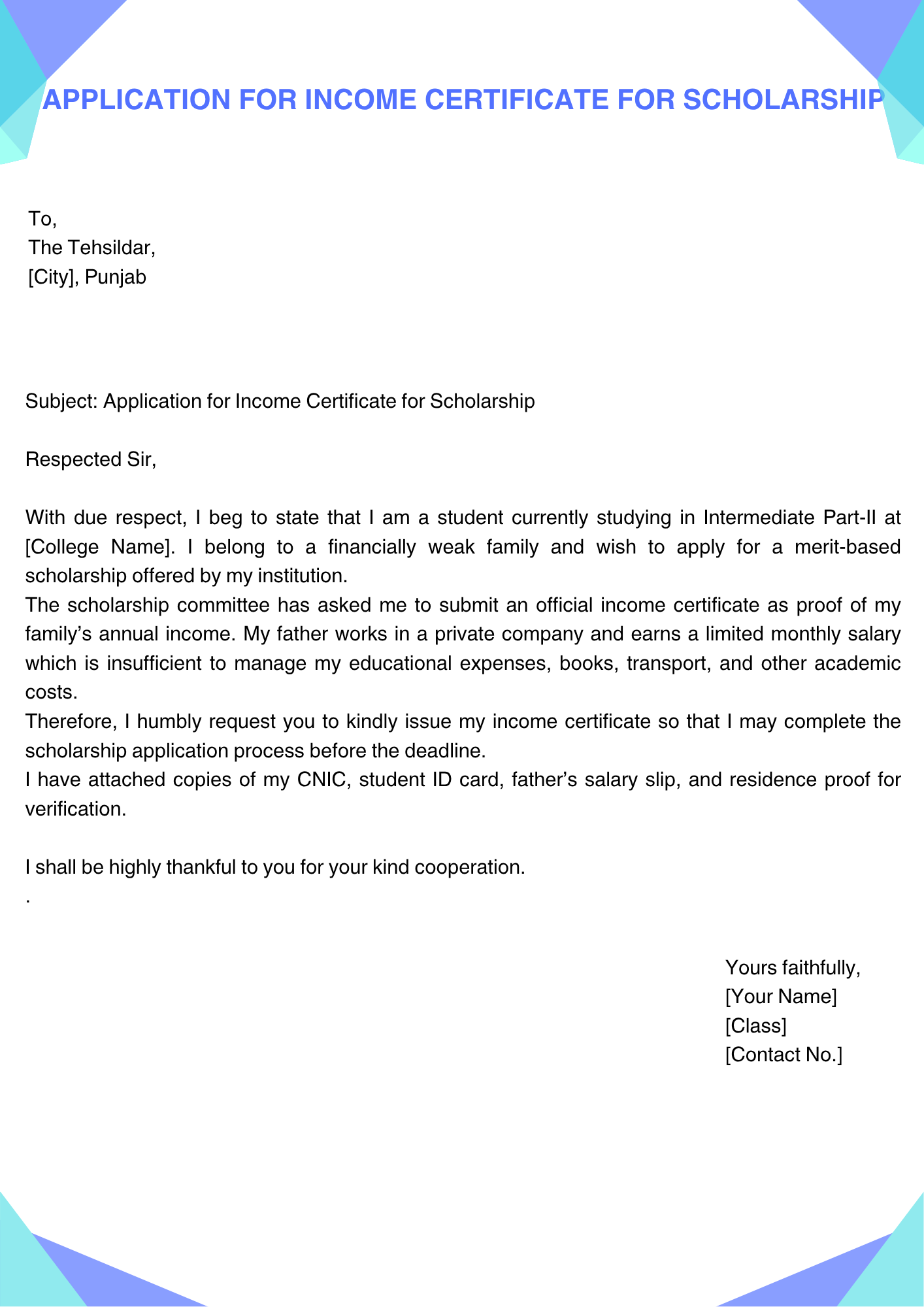 Application for Income Certificate for Scholarship