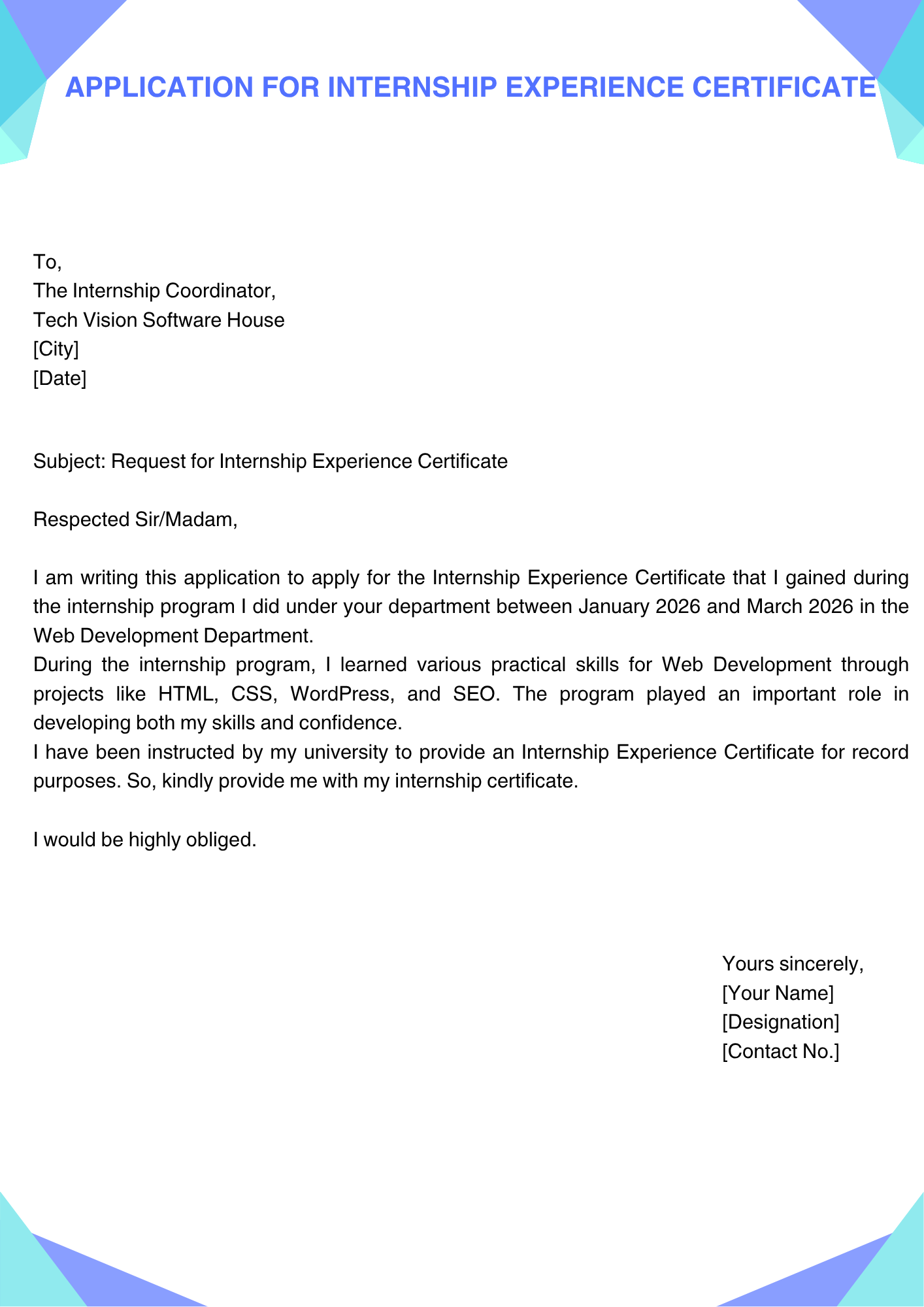 Application for Internship Experience Certificate