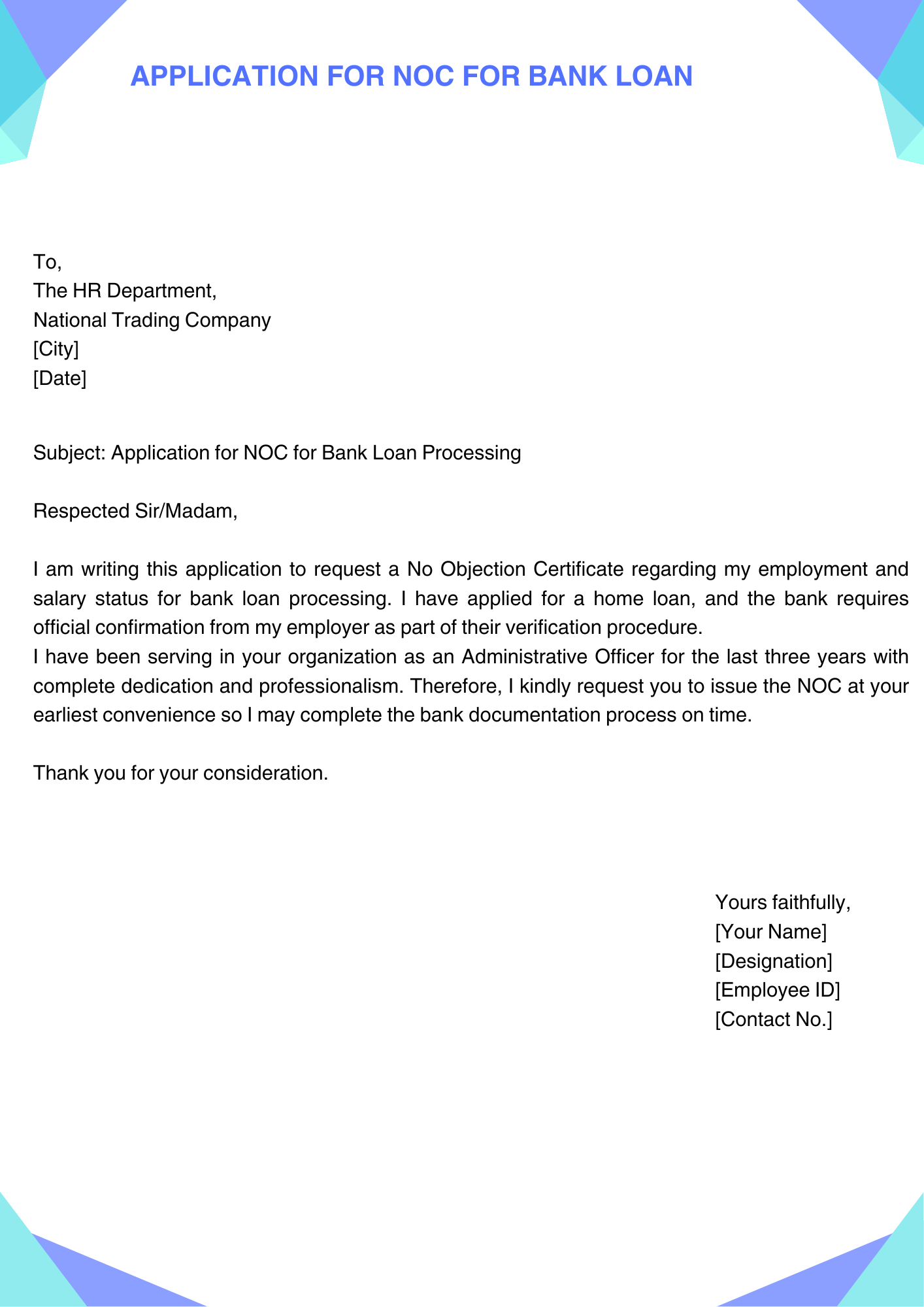 Application for NOC for Bank Loan