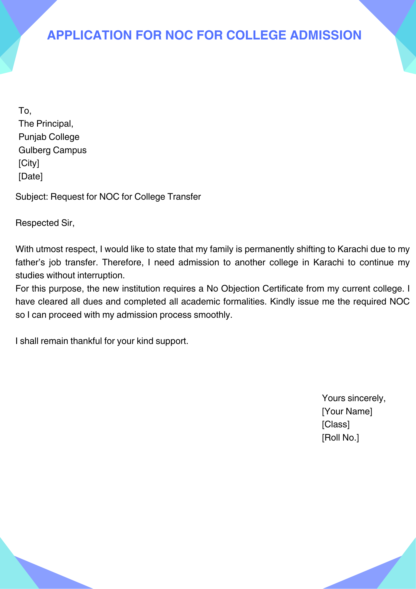 Application for NOC for College Admission