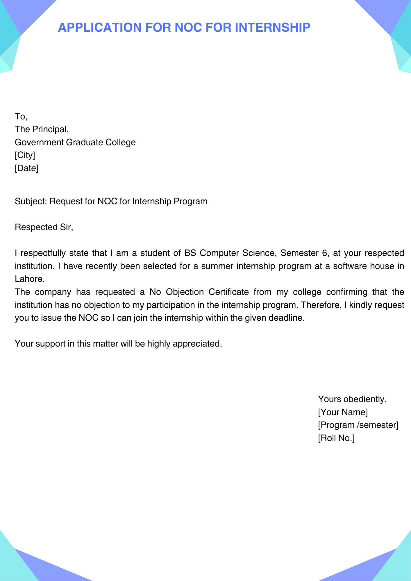 Application for NOC for Internship