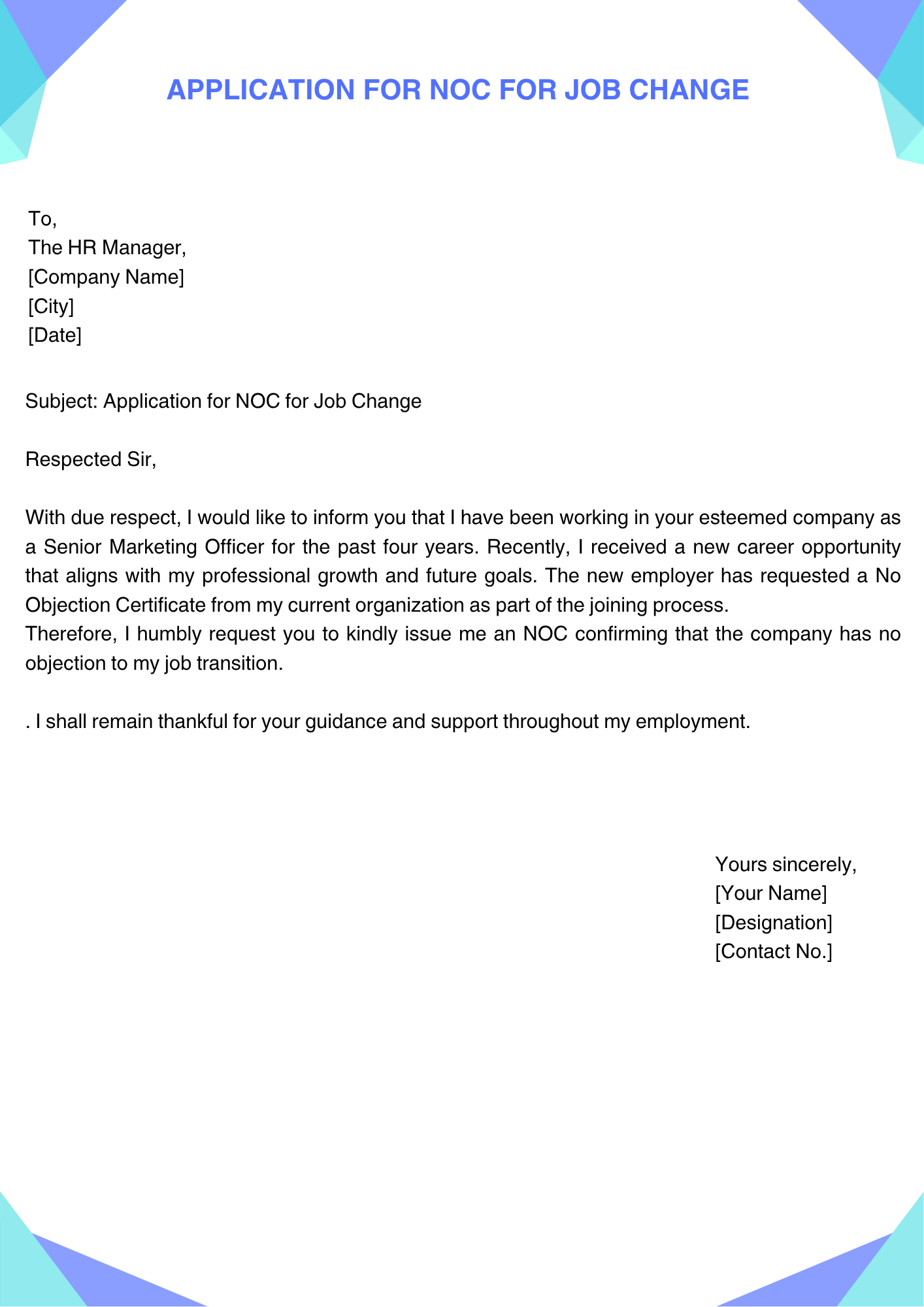 Application for NOC for Job Change