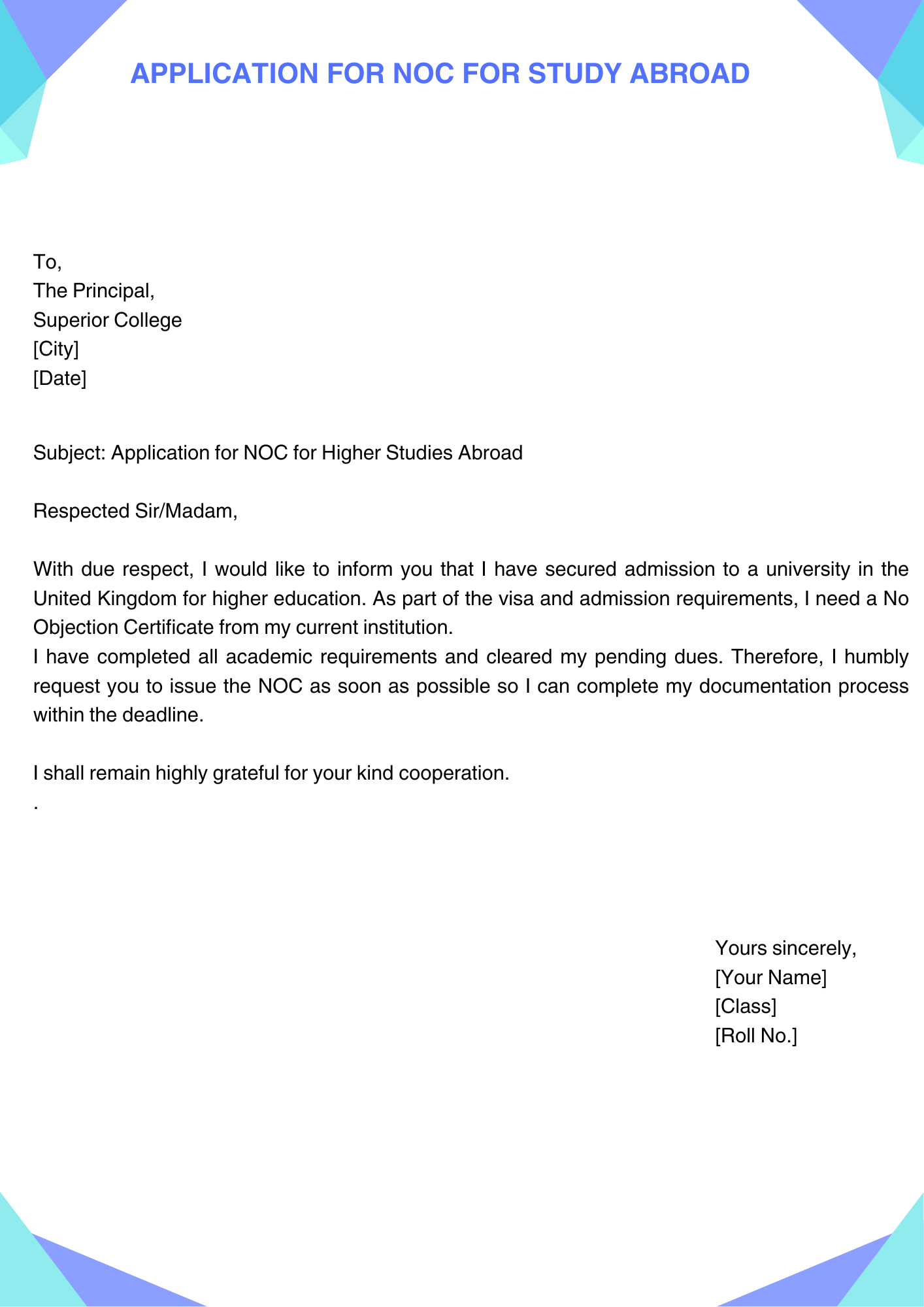 Application for NOC for Study Abroad
