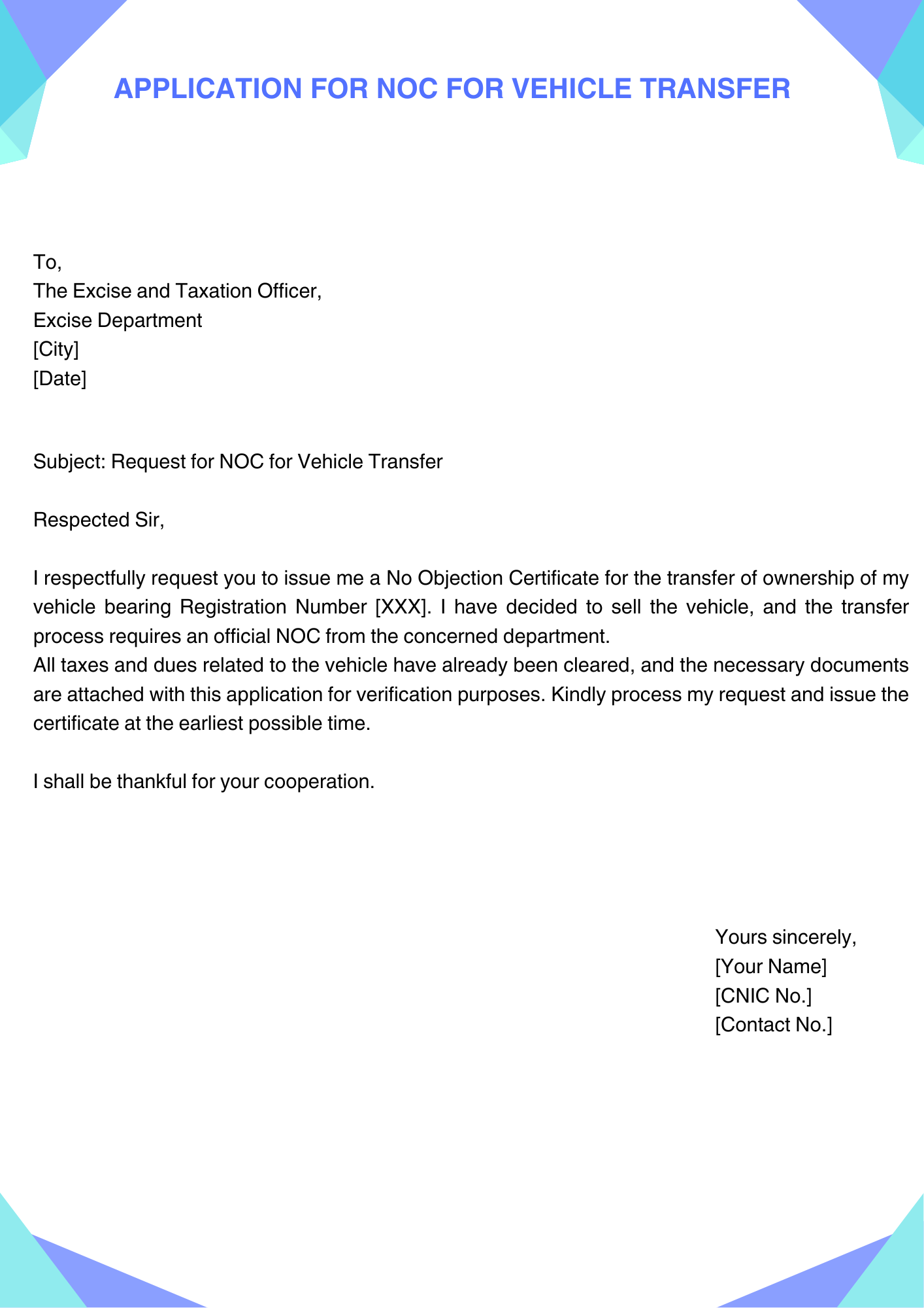 Application for NOC for Vehicle Transfer