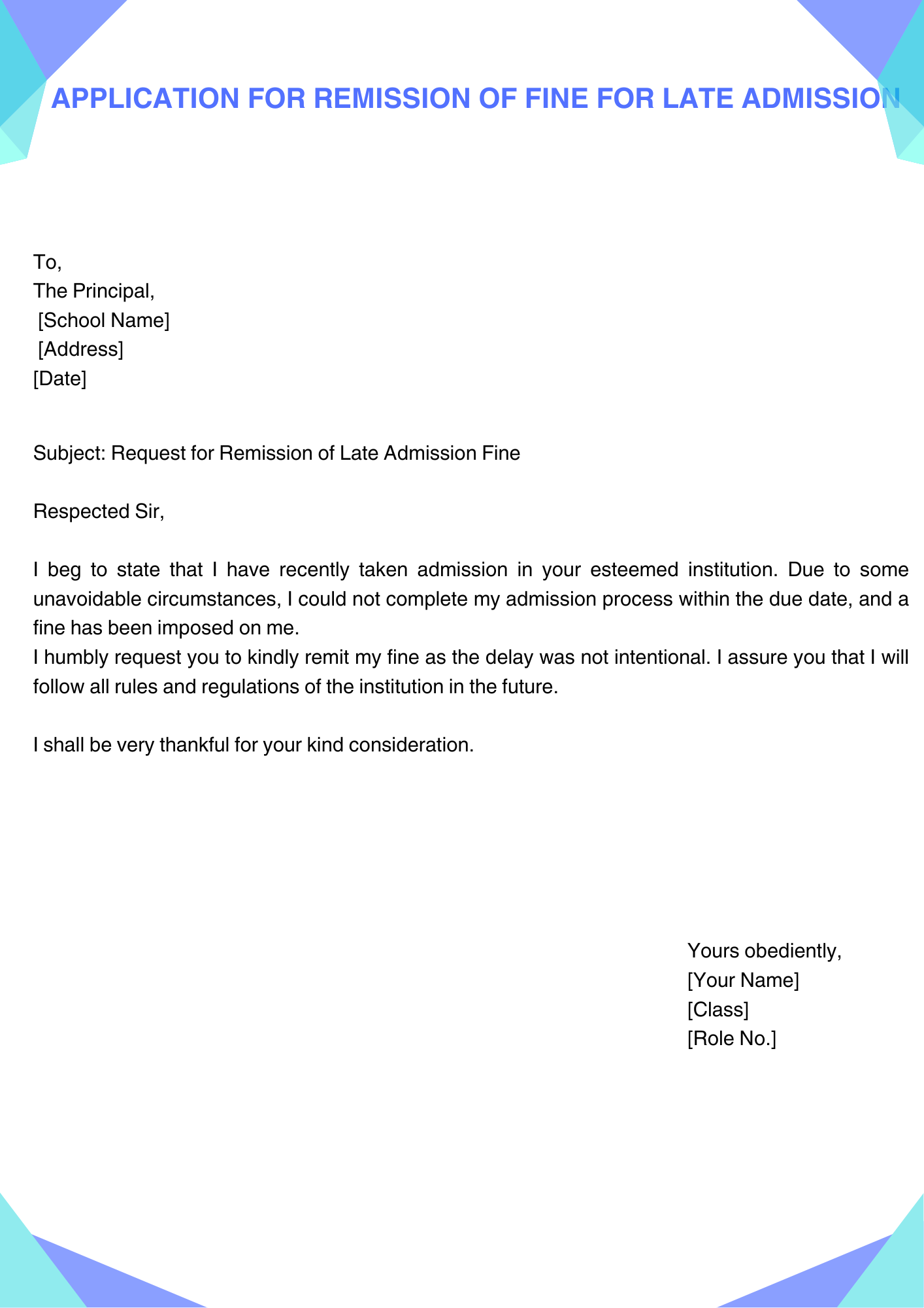 Application for Remission of Fine for Late Admission