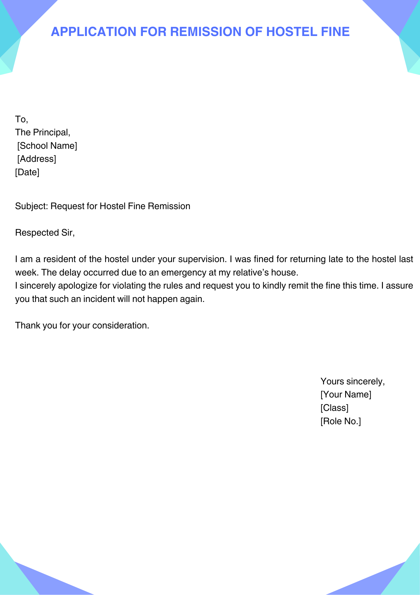 Application for Remission of Hostel Fine