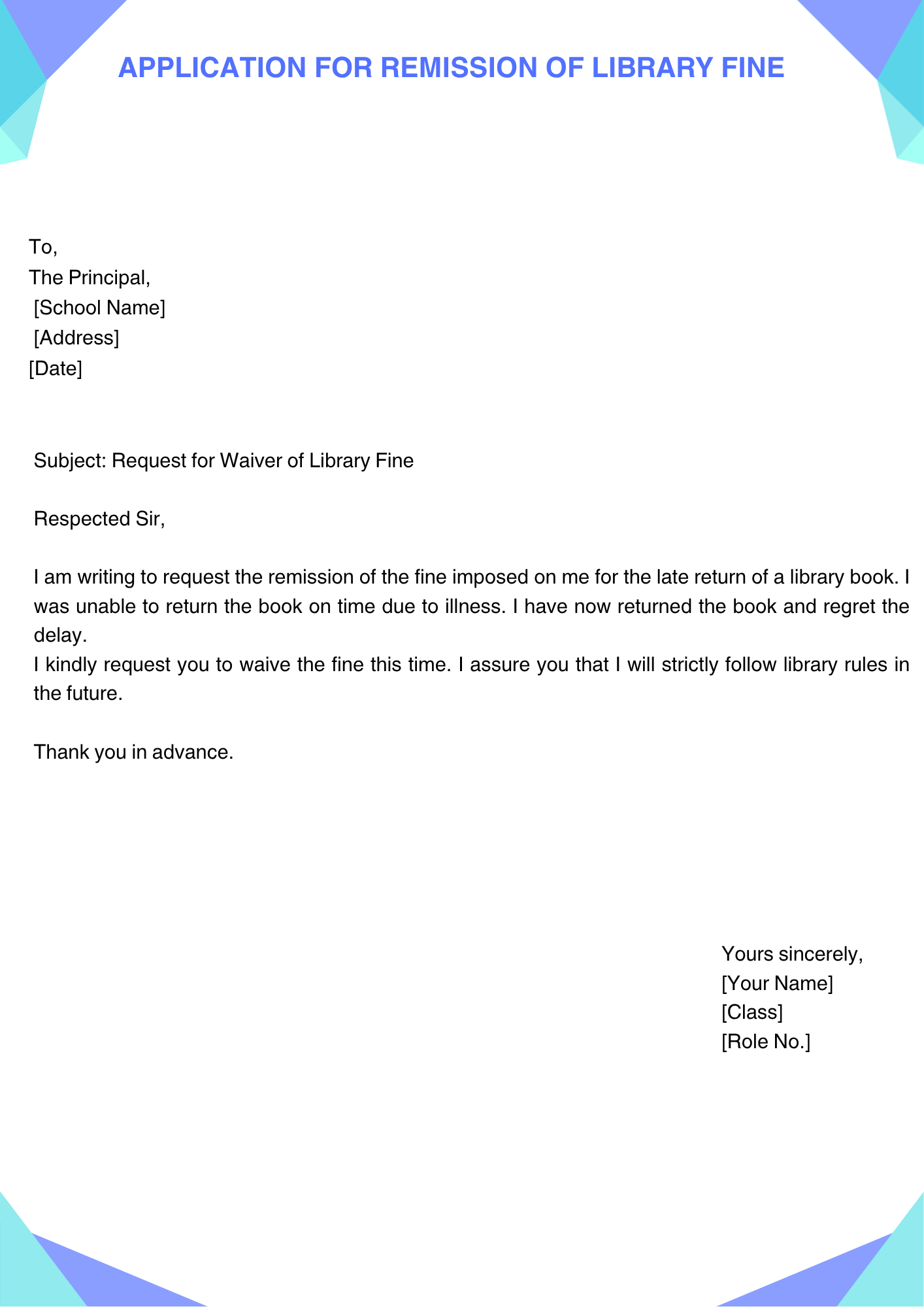 Application for Remission of Library Fine