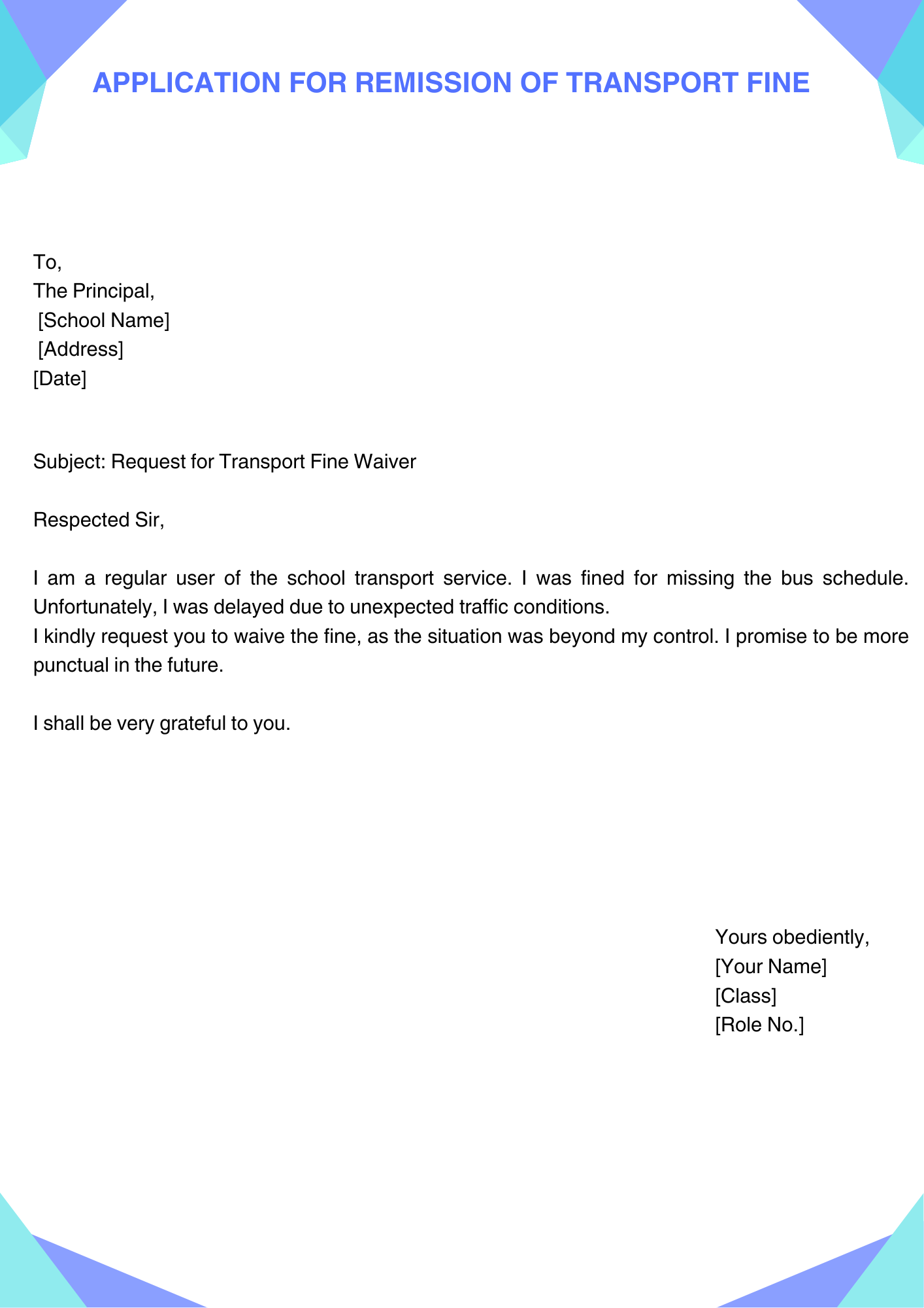Application for Remission of Transport Fine