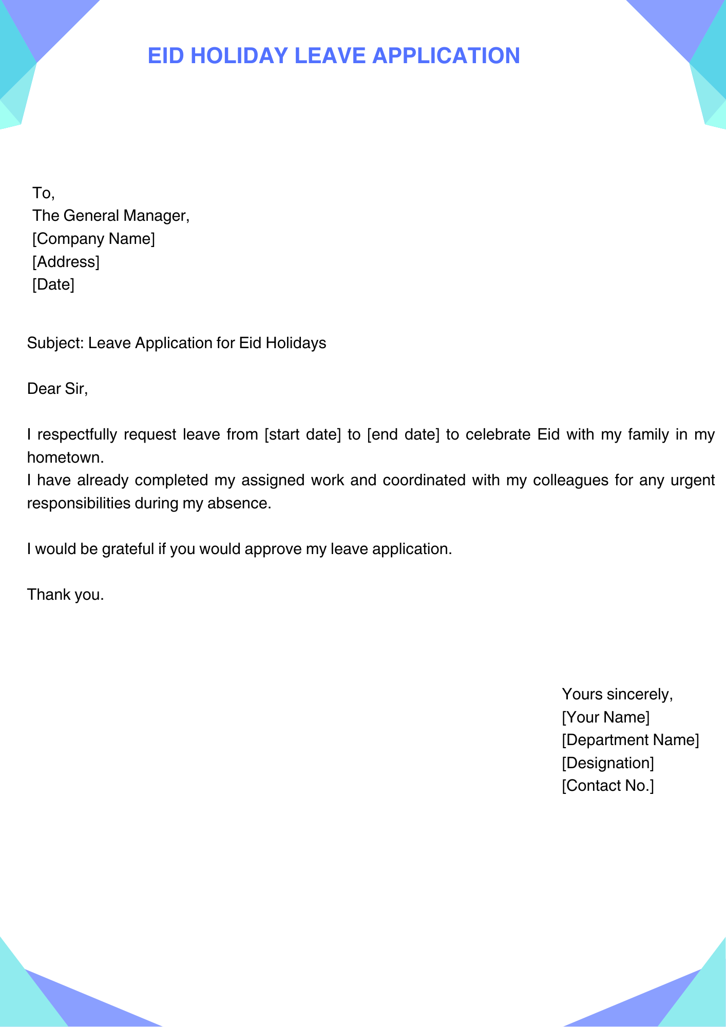 Eid Holiday Leave Application