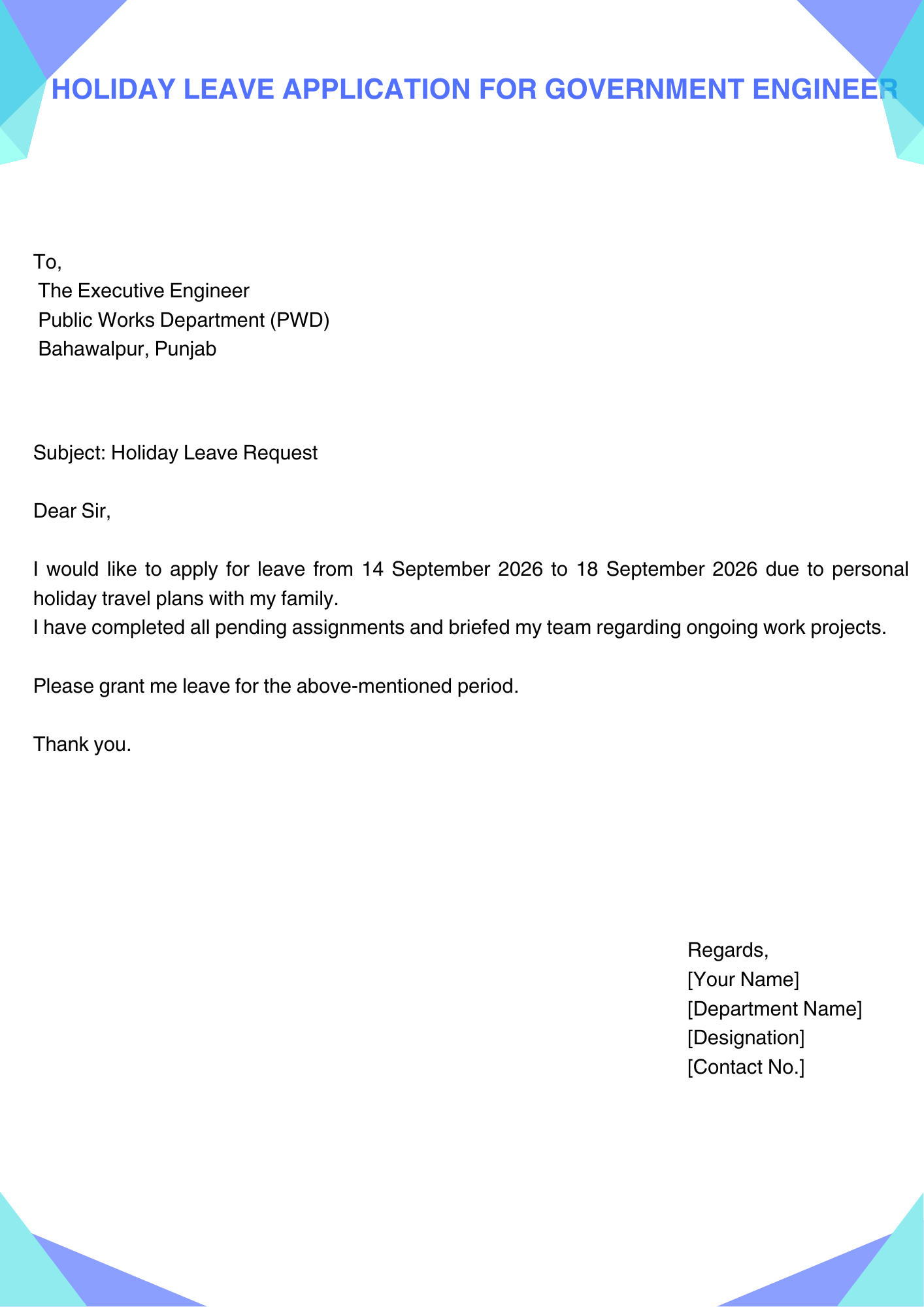 Holiday Leave Application for Government Engineer