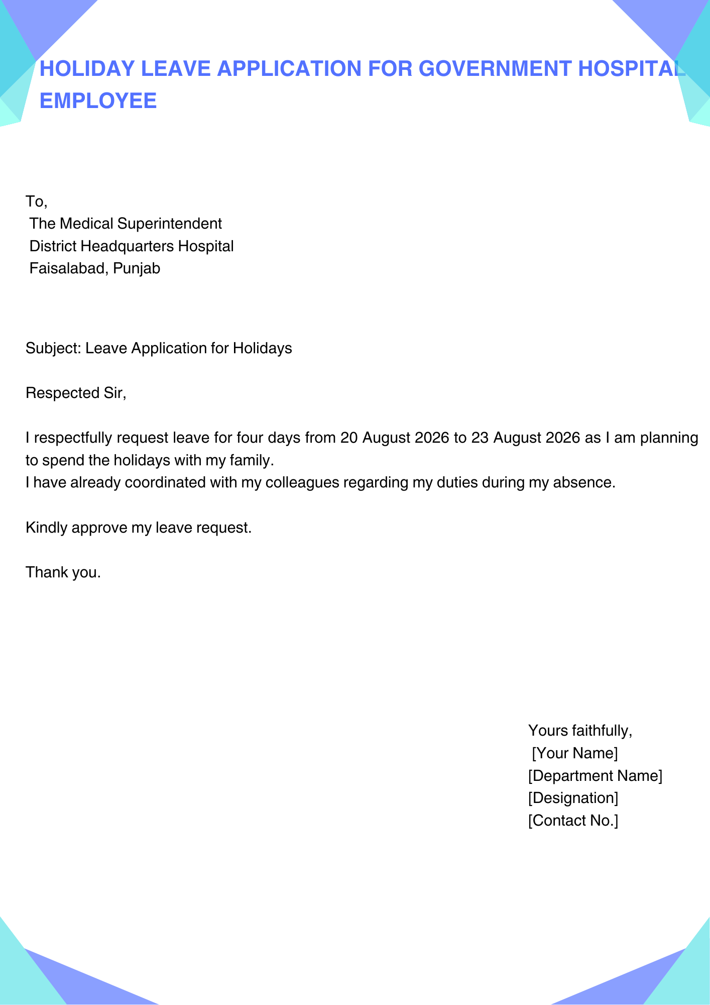 Holiday Leave Application for Government Hospital Employee