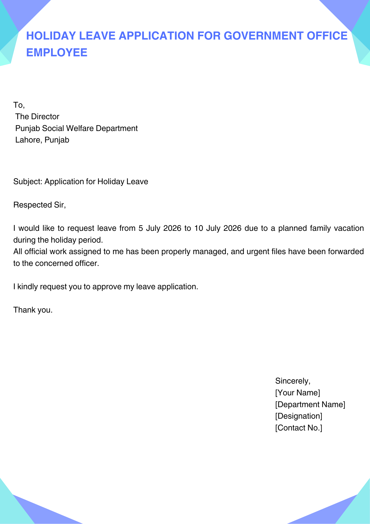 Holiday Leave Application for Government Office Employee