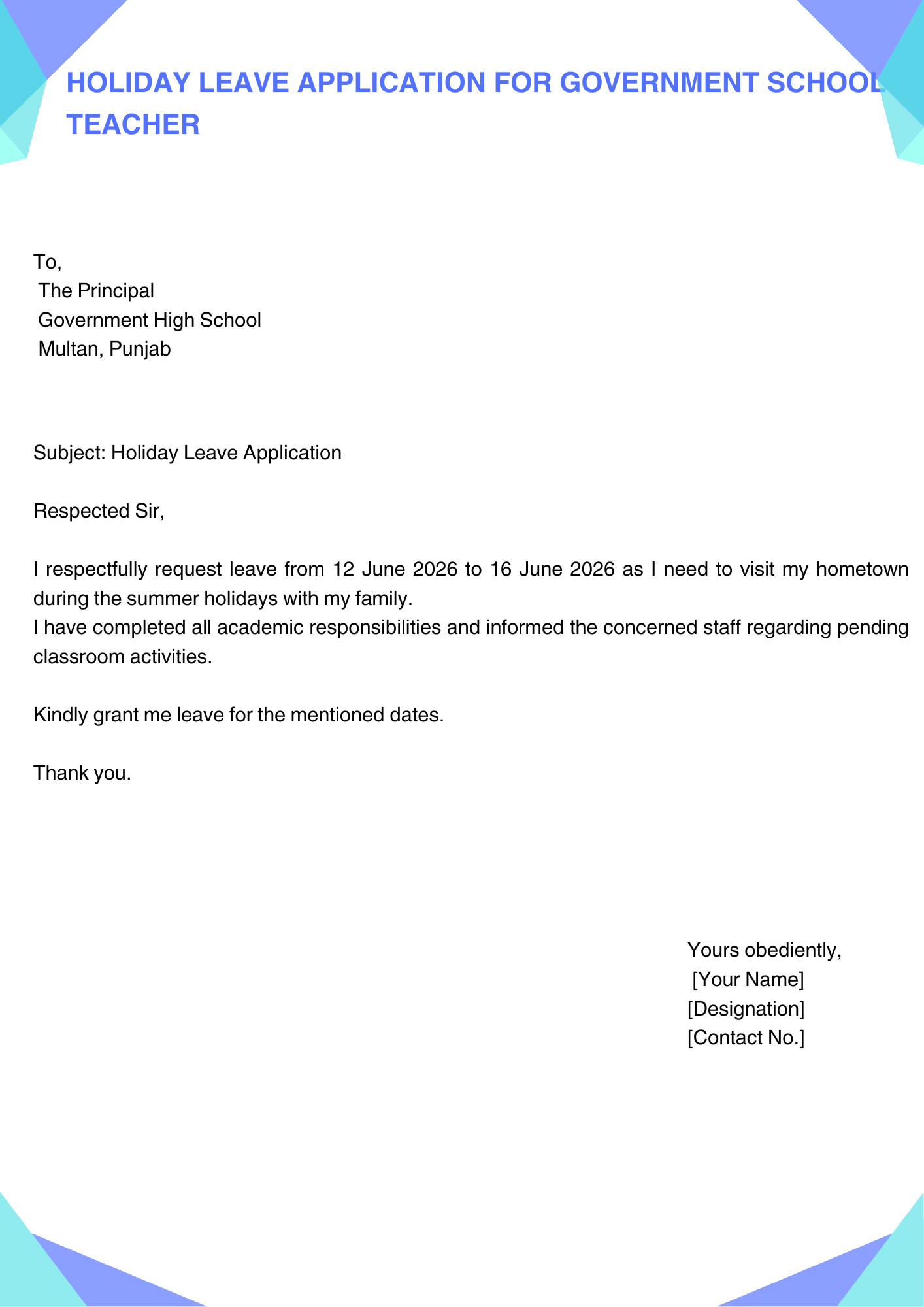 Holiday Leave Application for Government School Teacher