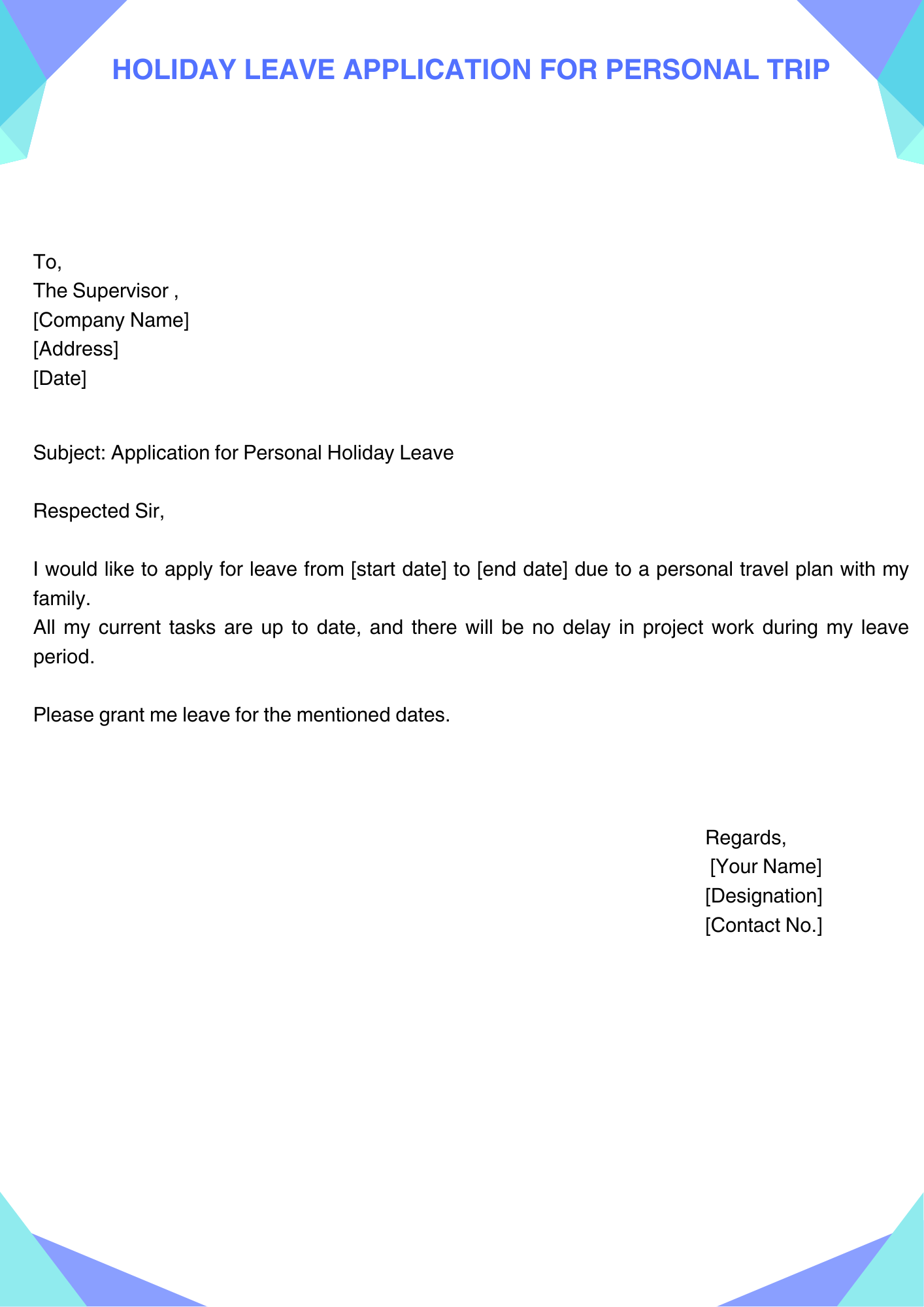 Holiday Leave Application for Personal Trip