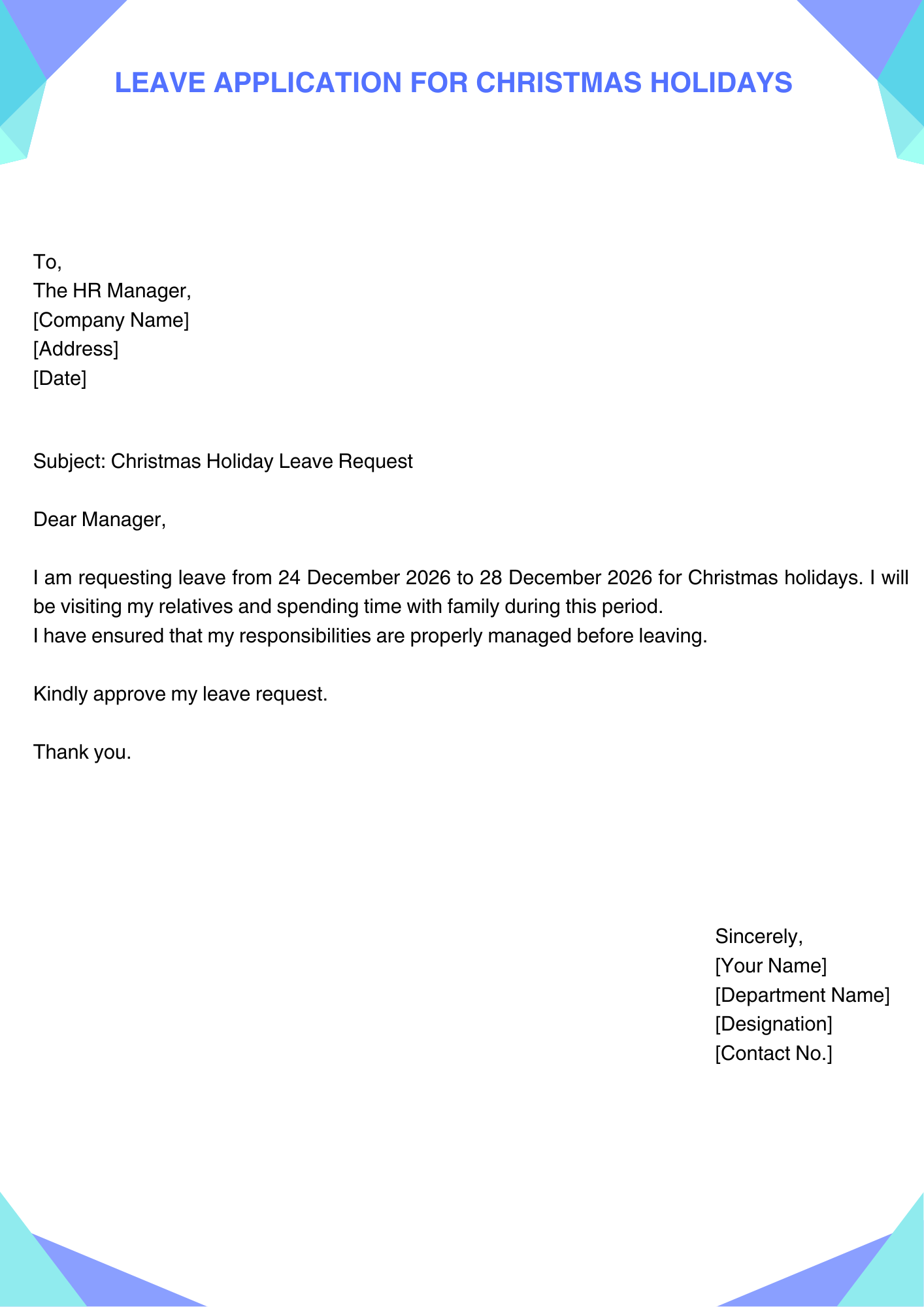 Leave Application for Christmas Holidays