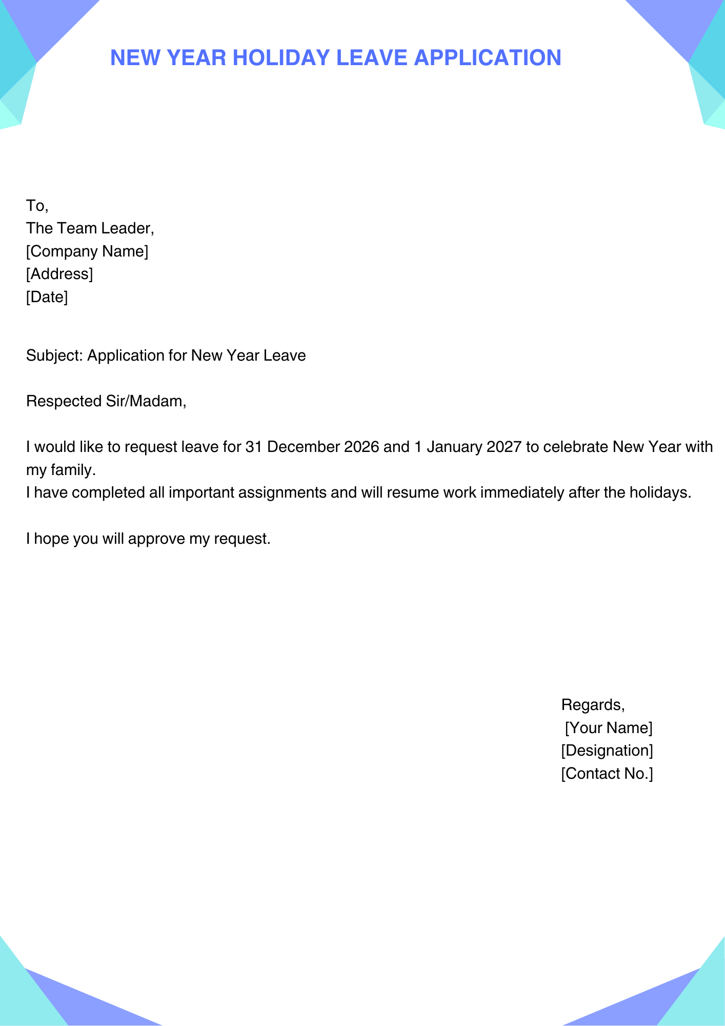 New Year Holiday Leave Application