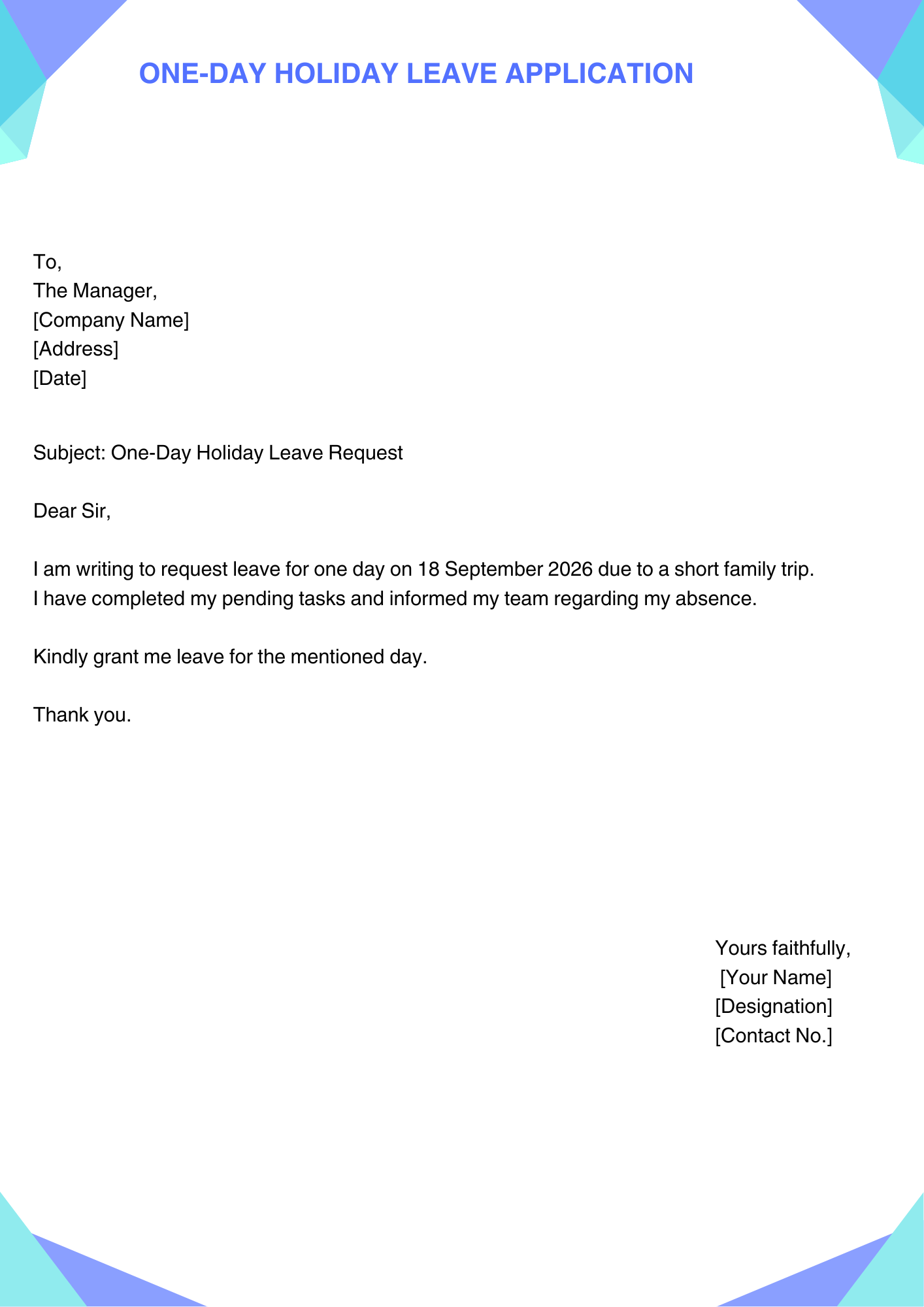 One-Day Holiday Leave Application