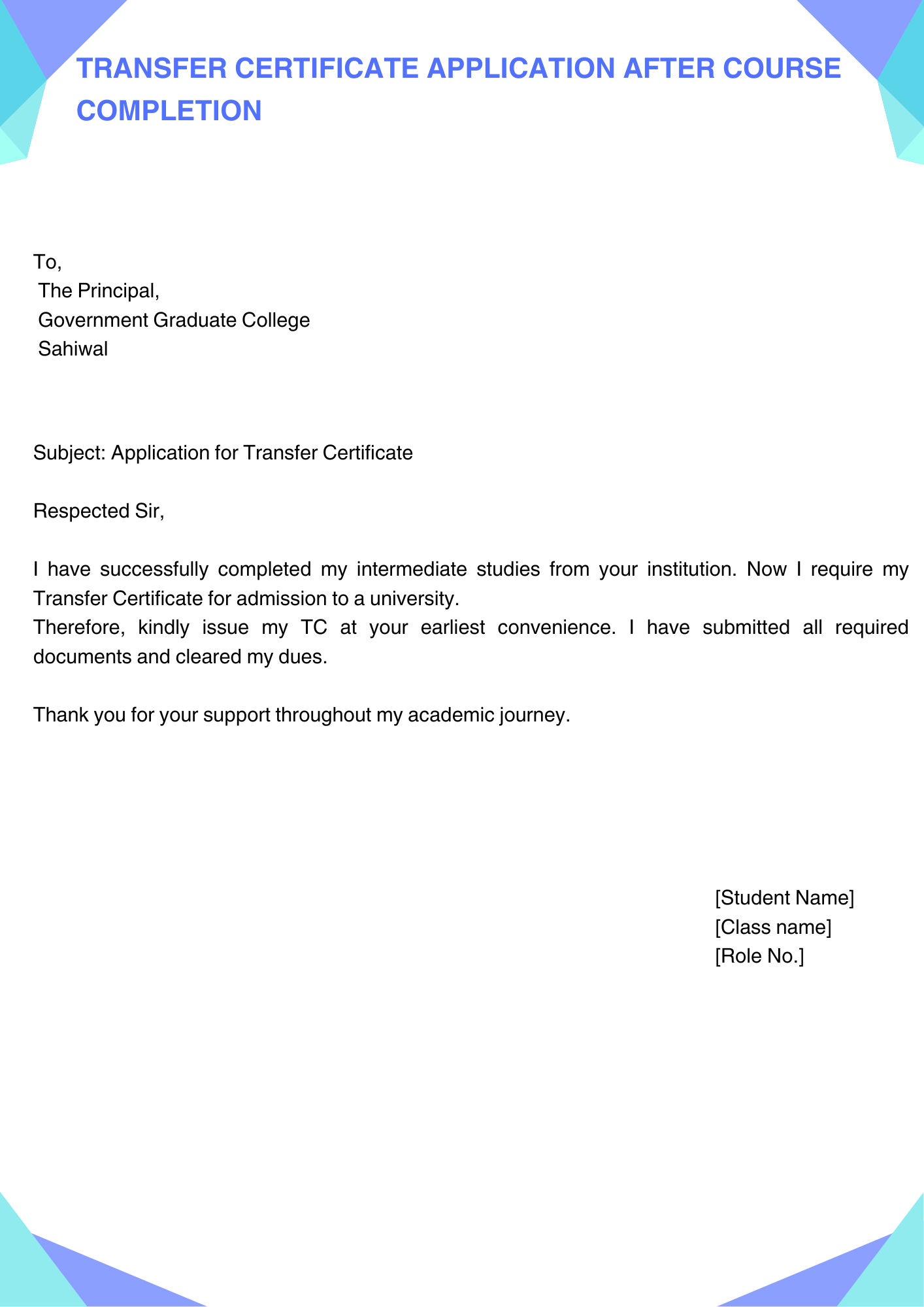 Transfer Certificate Application After Course Completion
