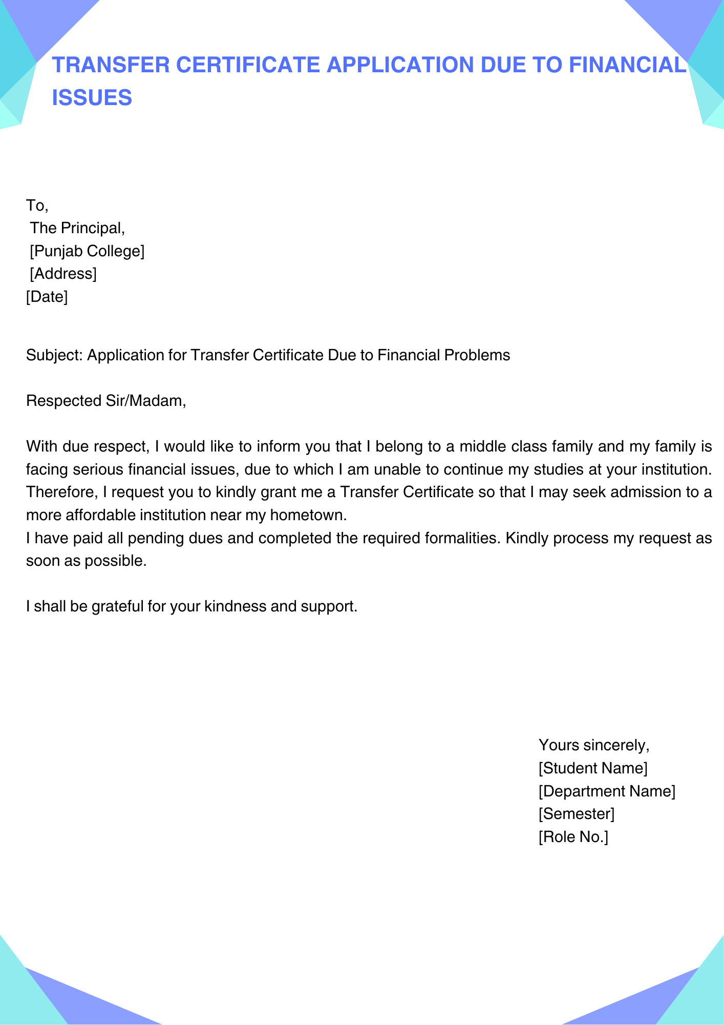 Transfer Certificate Application Due to Financial Issues