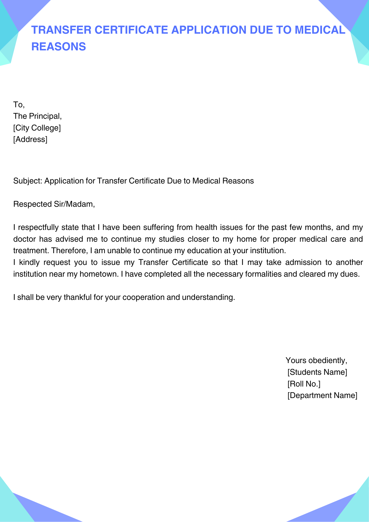 Transfer Certificate Application Due to Medical Reasons
