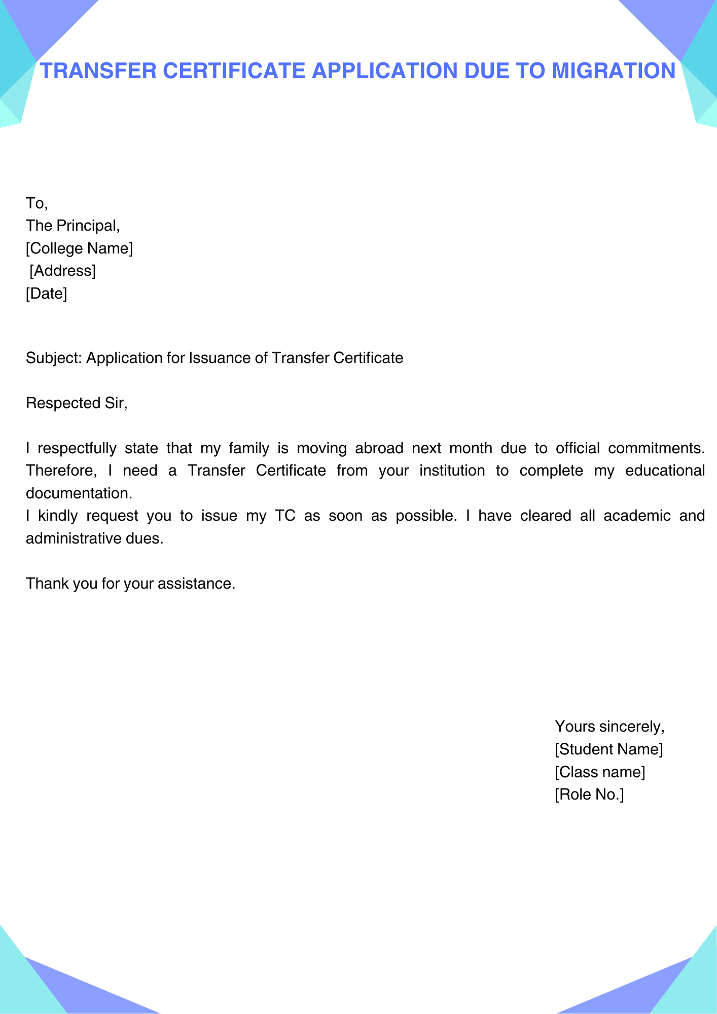 Transfer Certificate Application Due to Migration