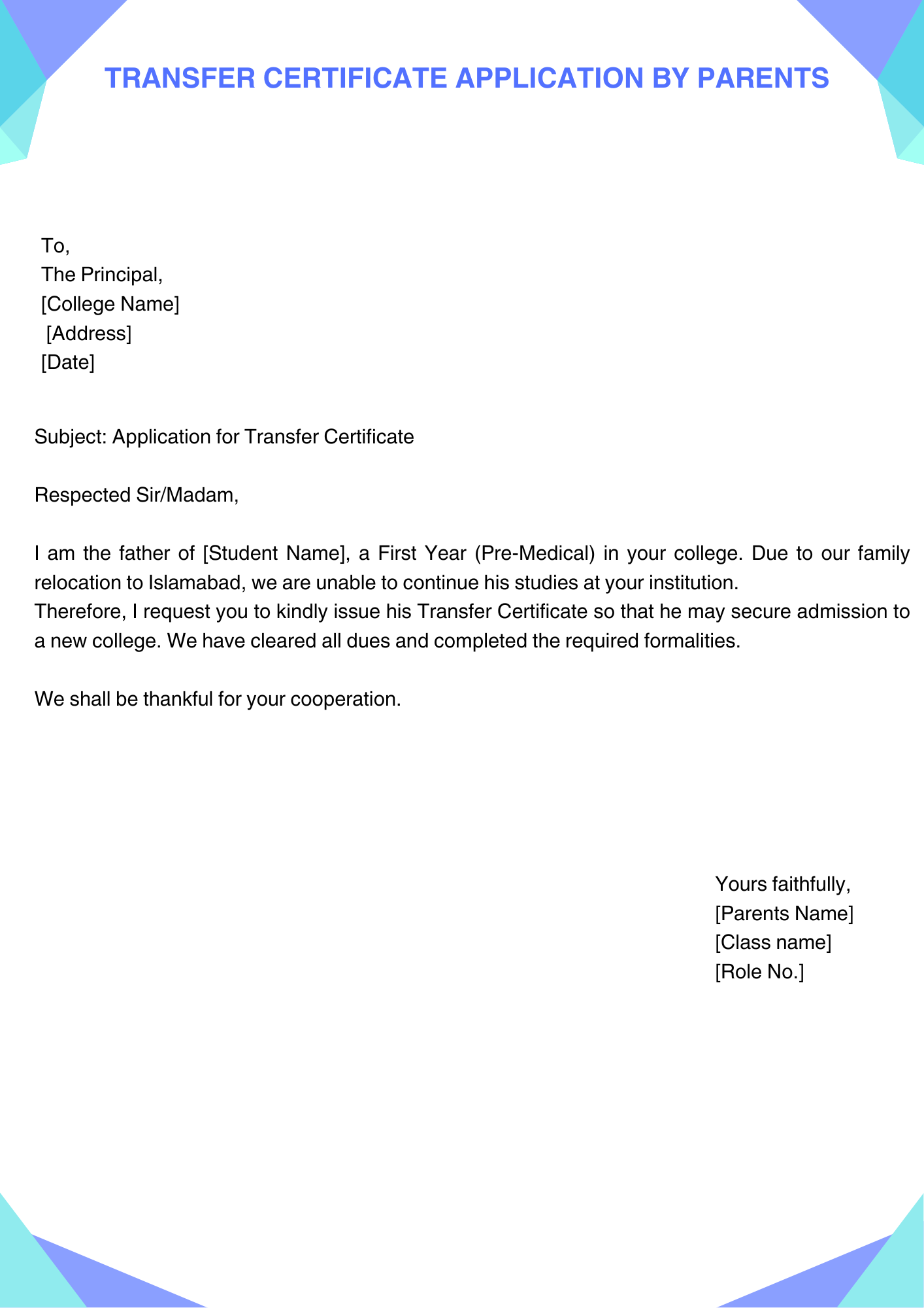 Transfer Certificate Application by Parents