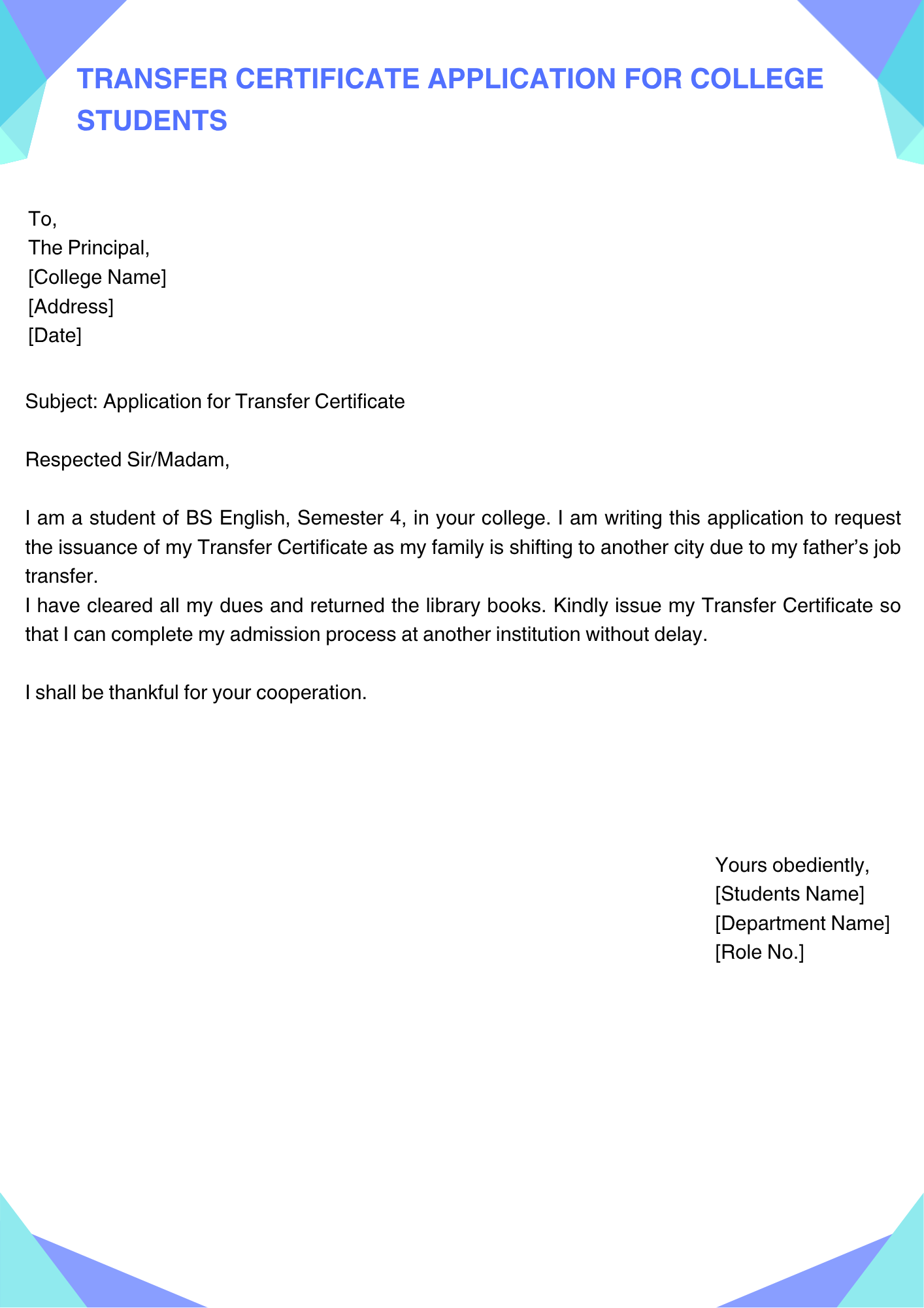 Transfer Certificate Application for College Students