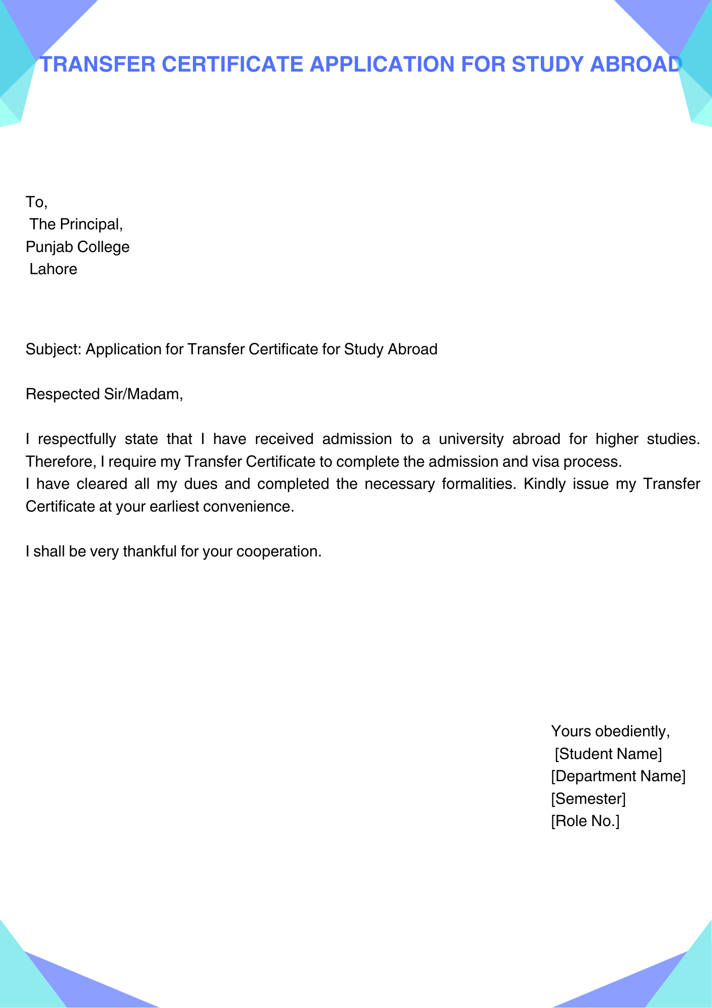 Transfer Certificate Application for Study Abroad