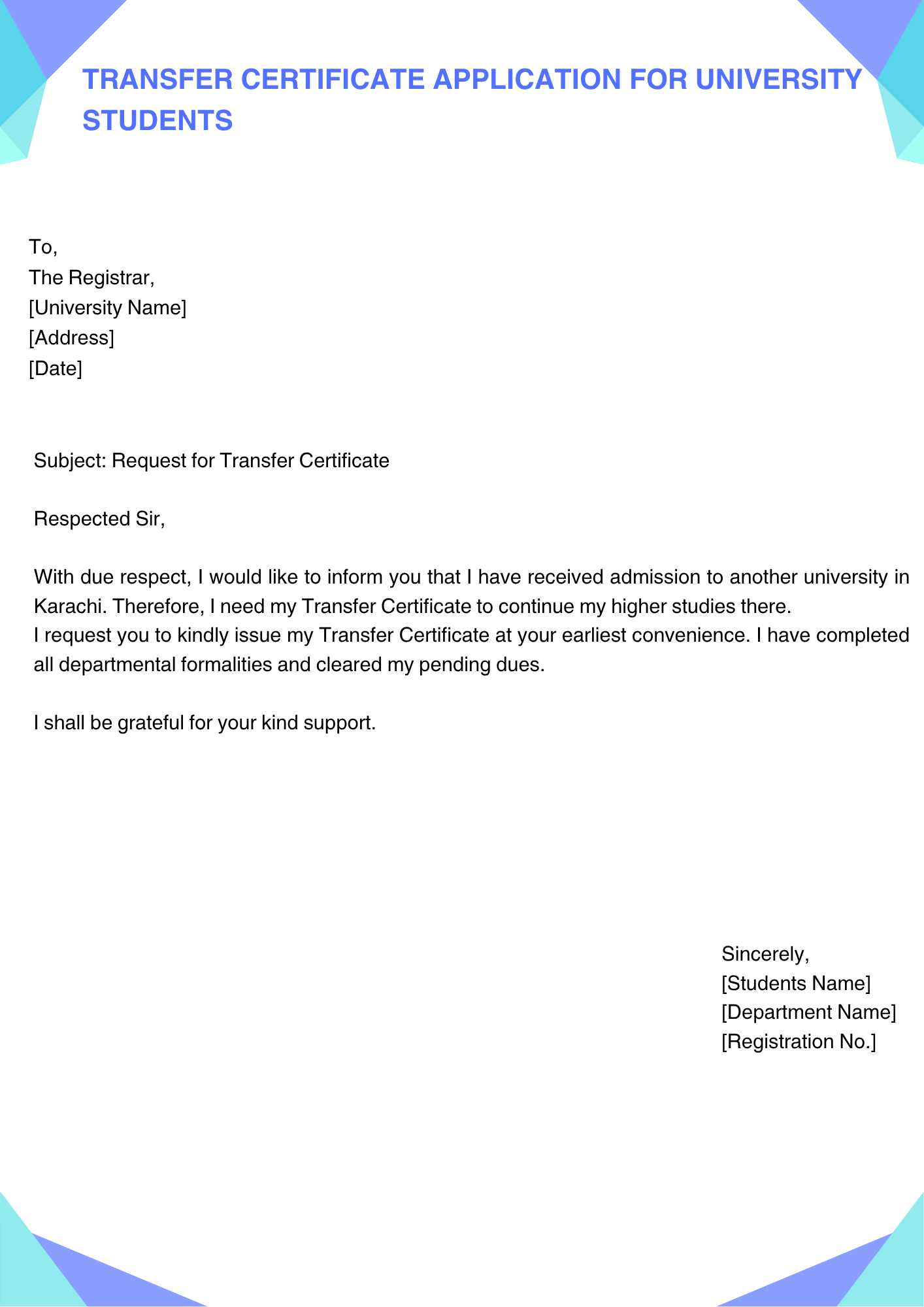 Transfer Certificate Application for University Students