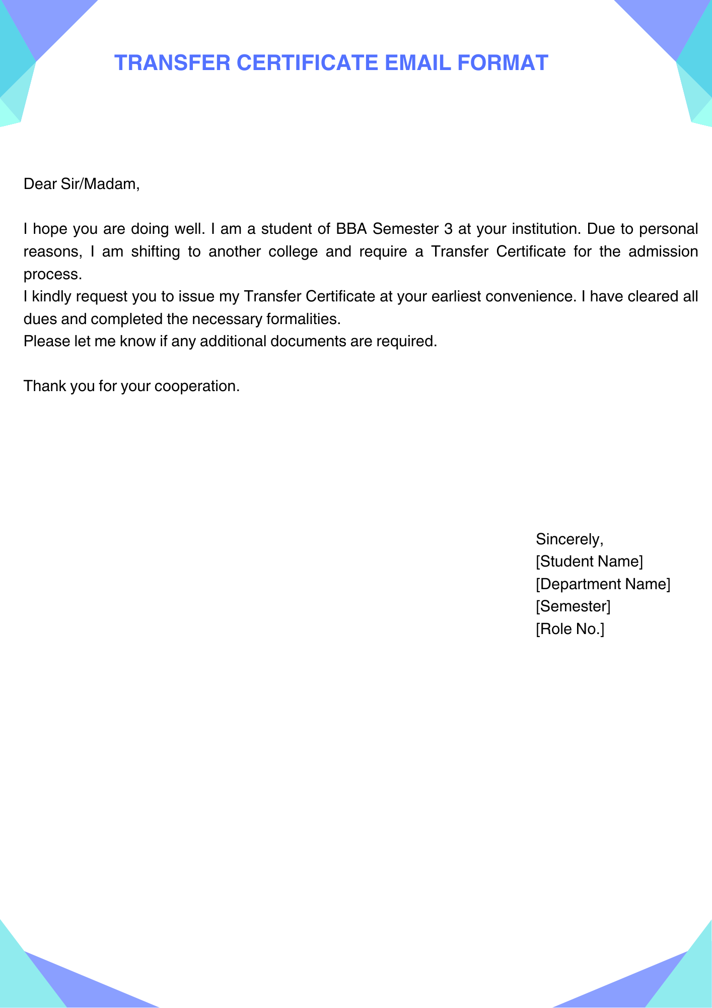 Transfer Certificate Email Format