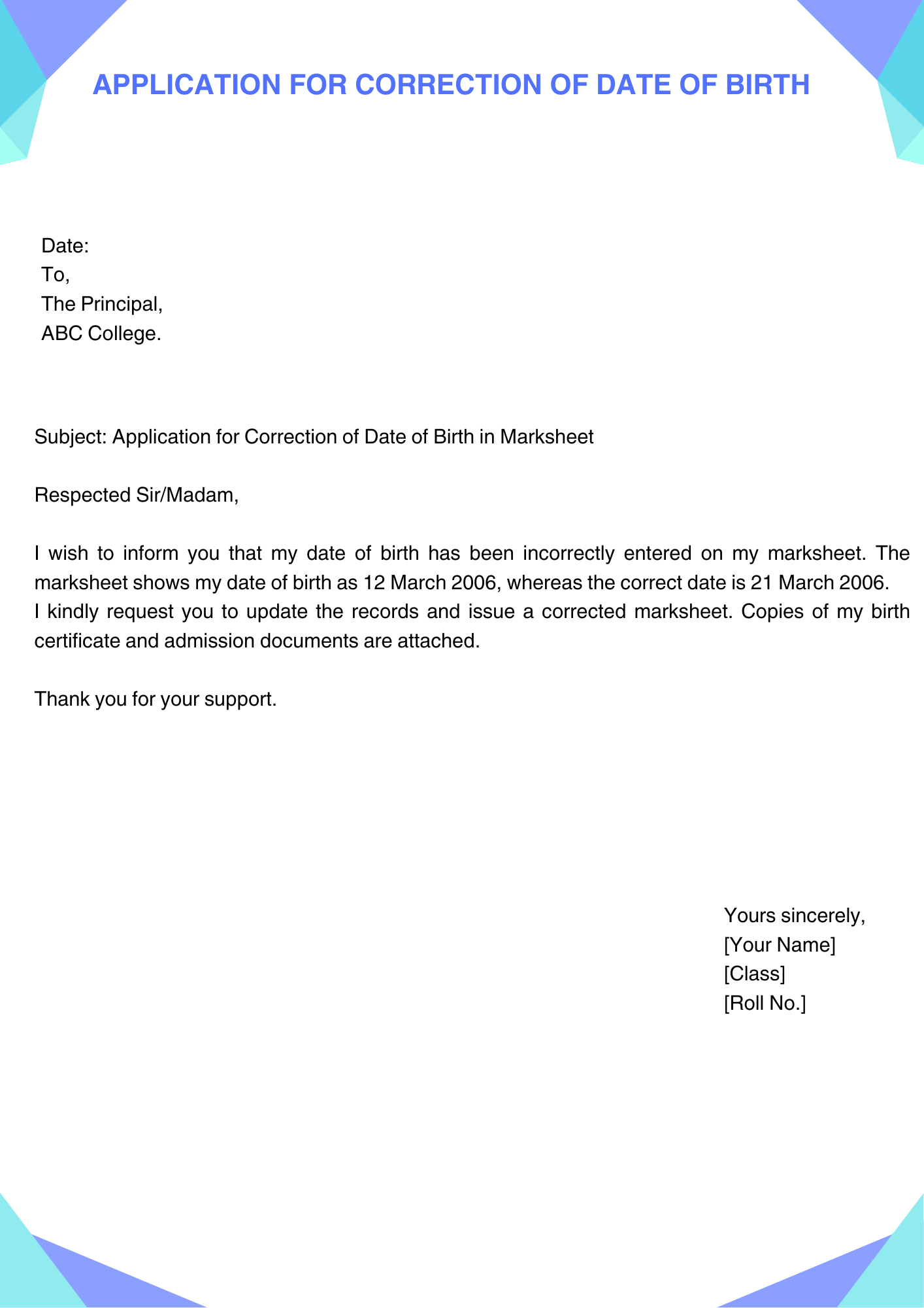 Application for Correction of Date of Birth