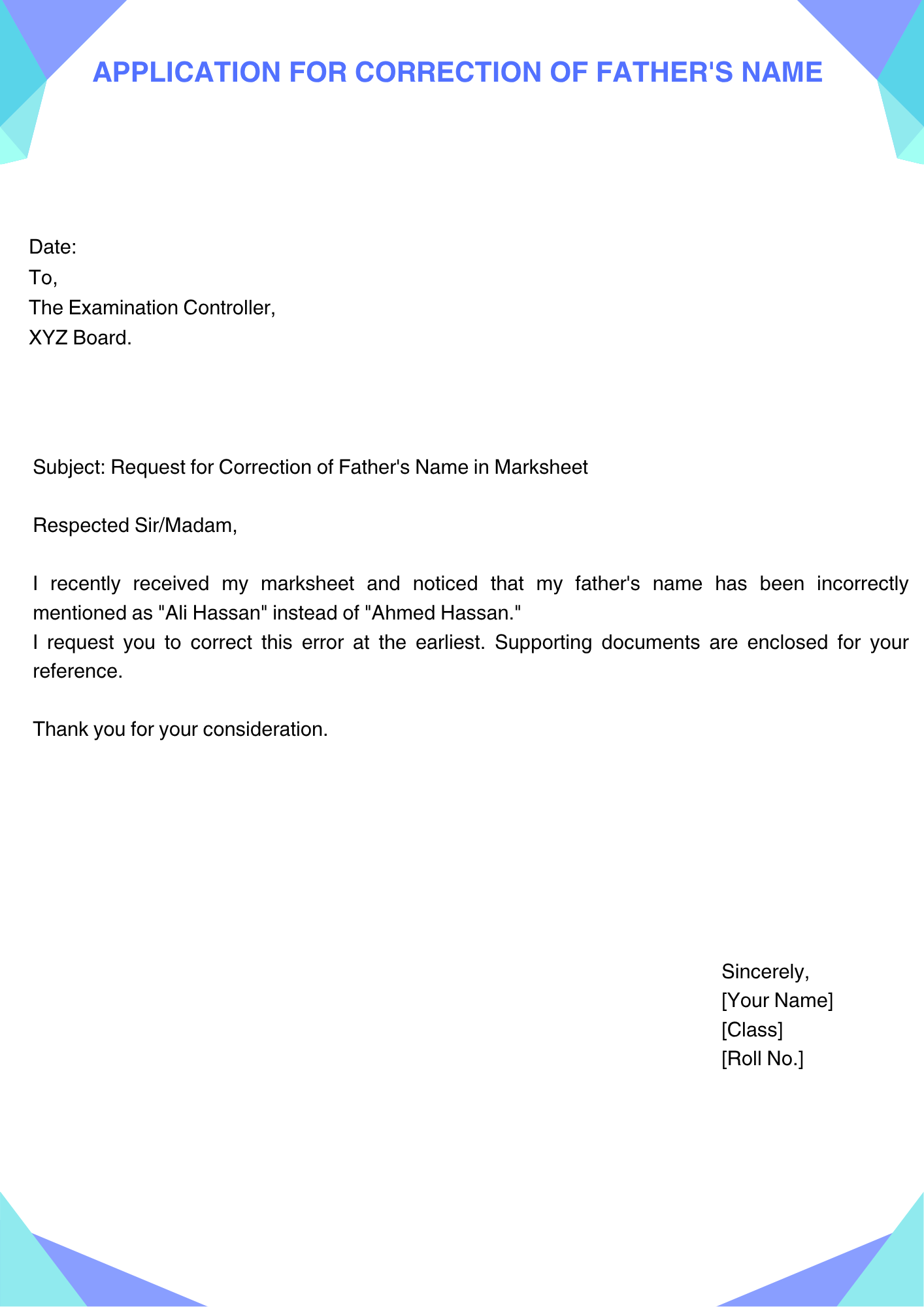 Application for Correction of Father's Name