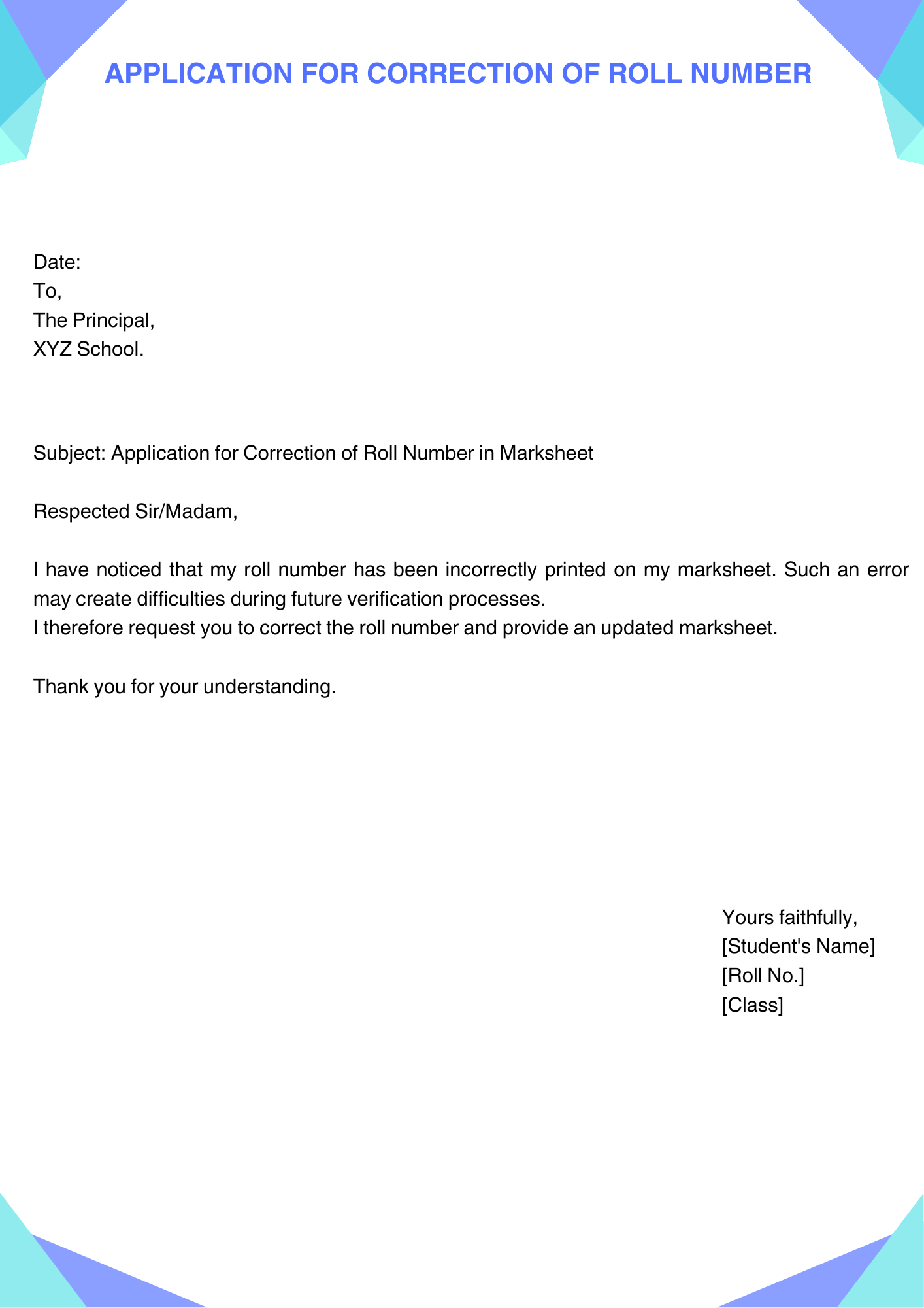 Application for Correction of Roll Number