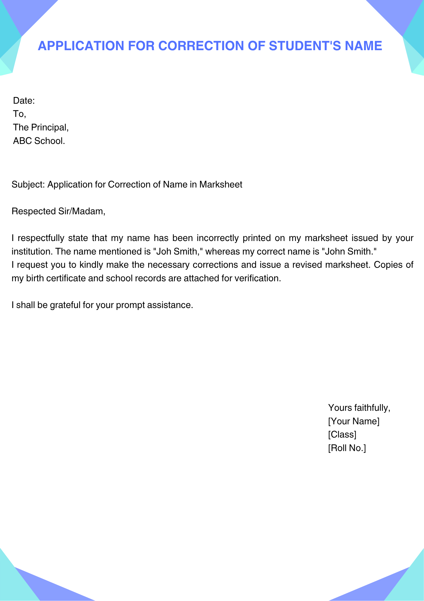 Application for Correction of Student's Name