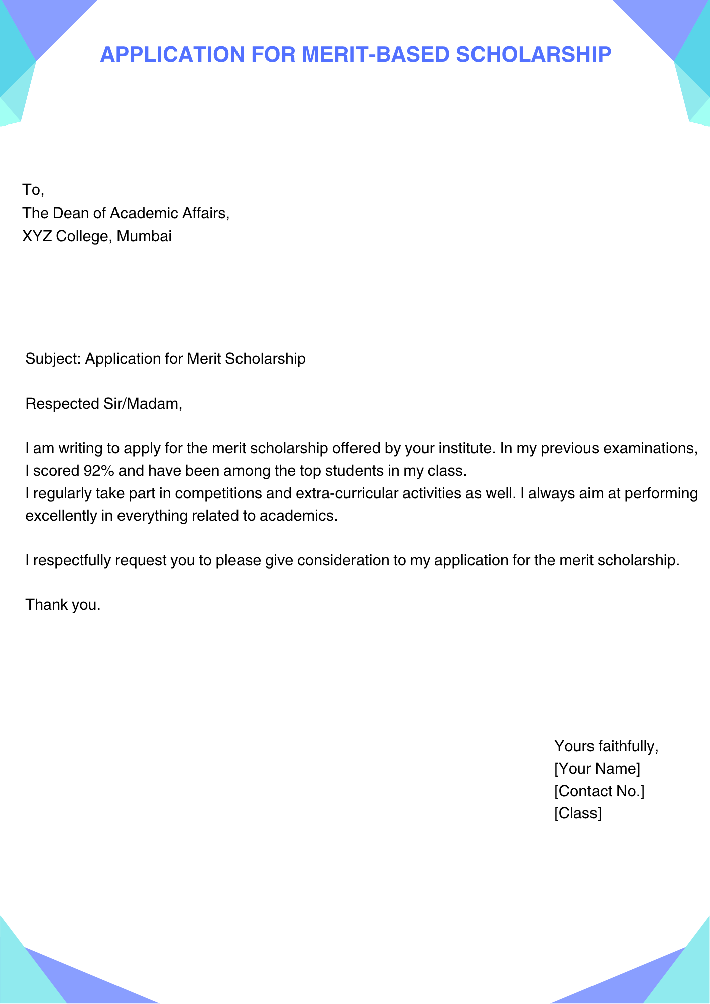 Application for Merit-Based Scholarship