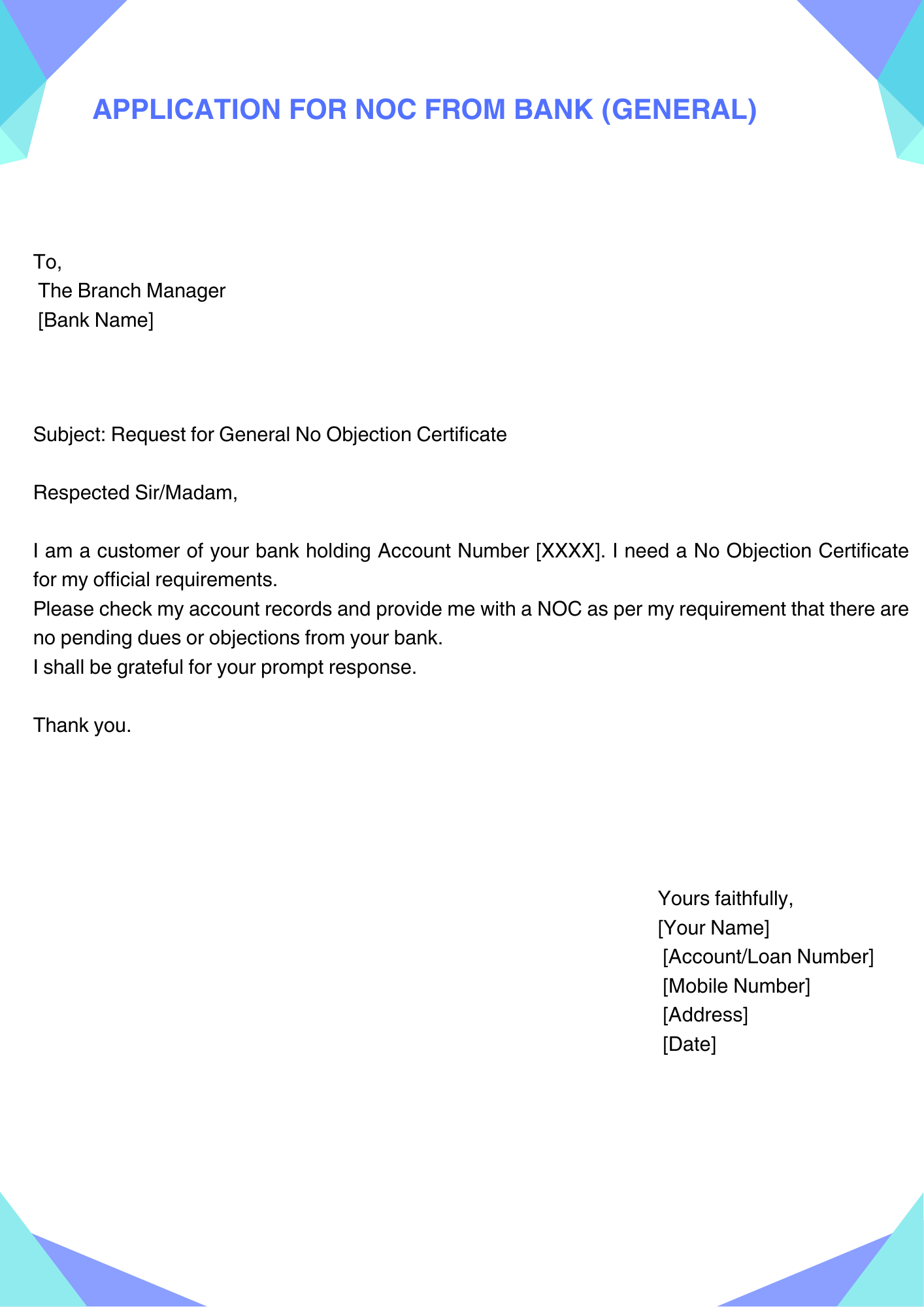 Application for NOC from Bank (General)