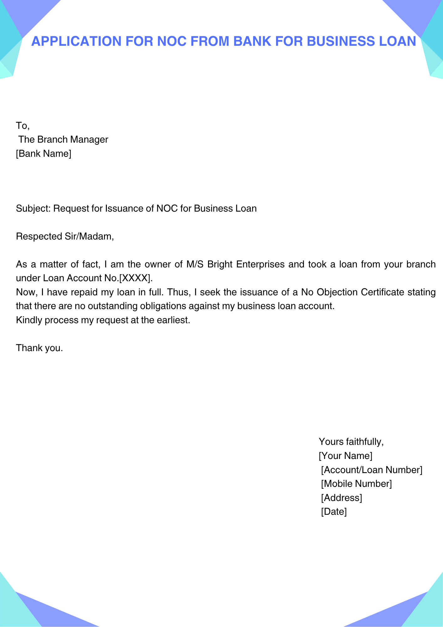 Application for NOC from bank for Business Loan