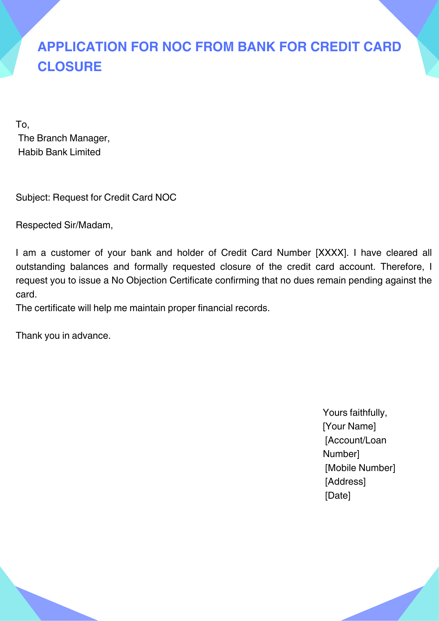 Application for NOC from bank for Credit Card Closure