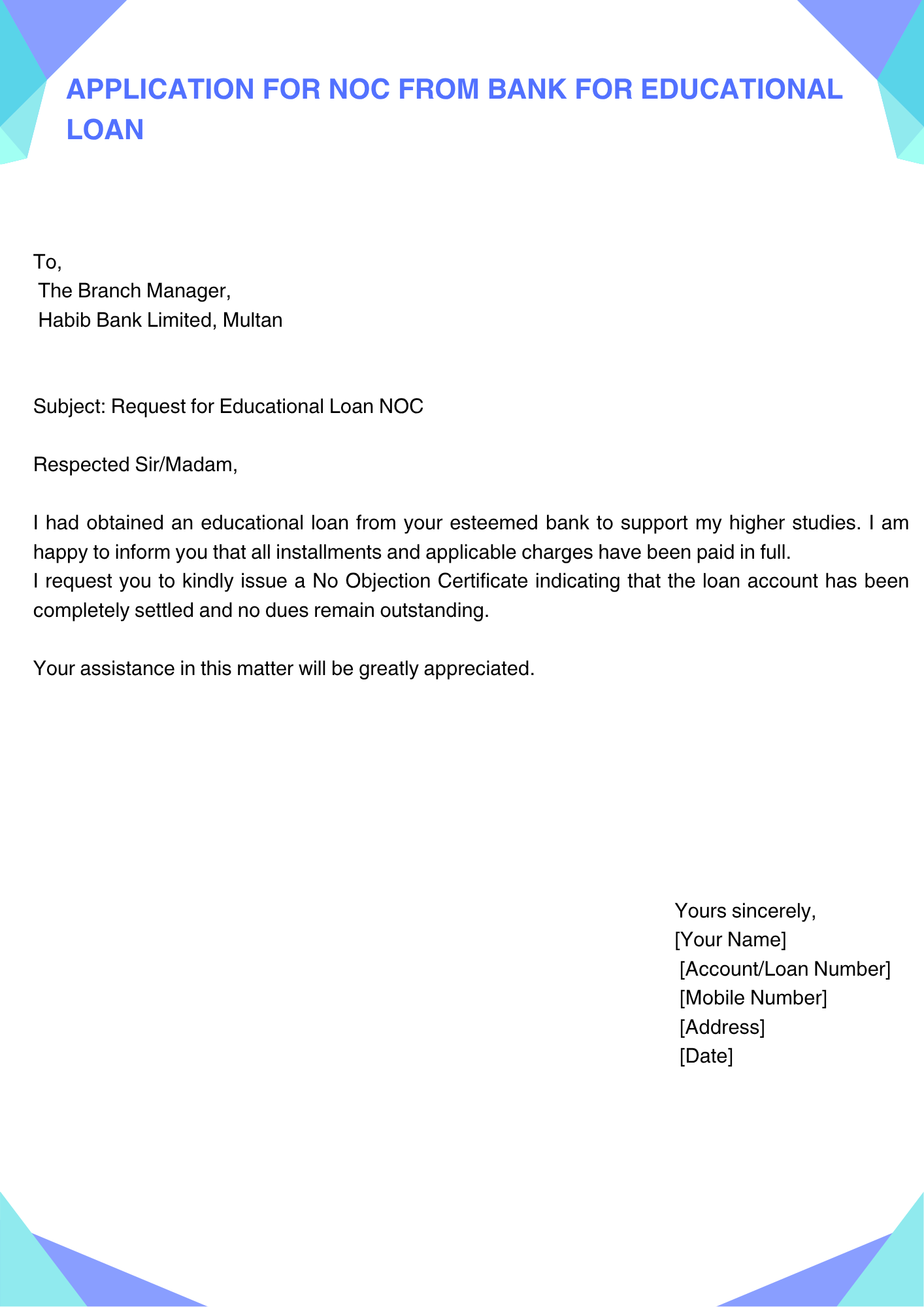 Application for NOC from bank for Educational Loan