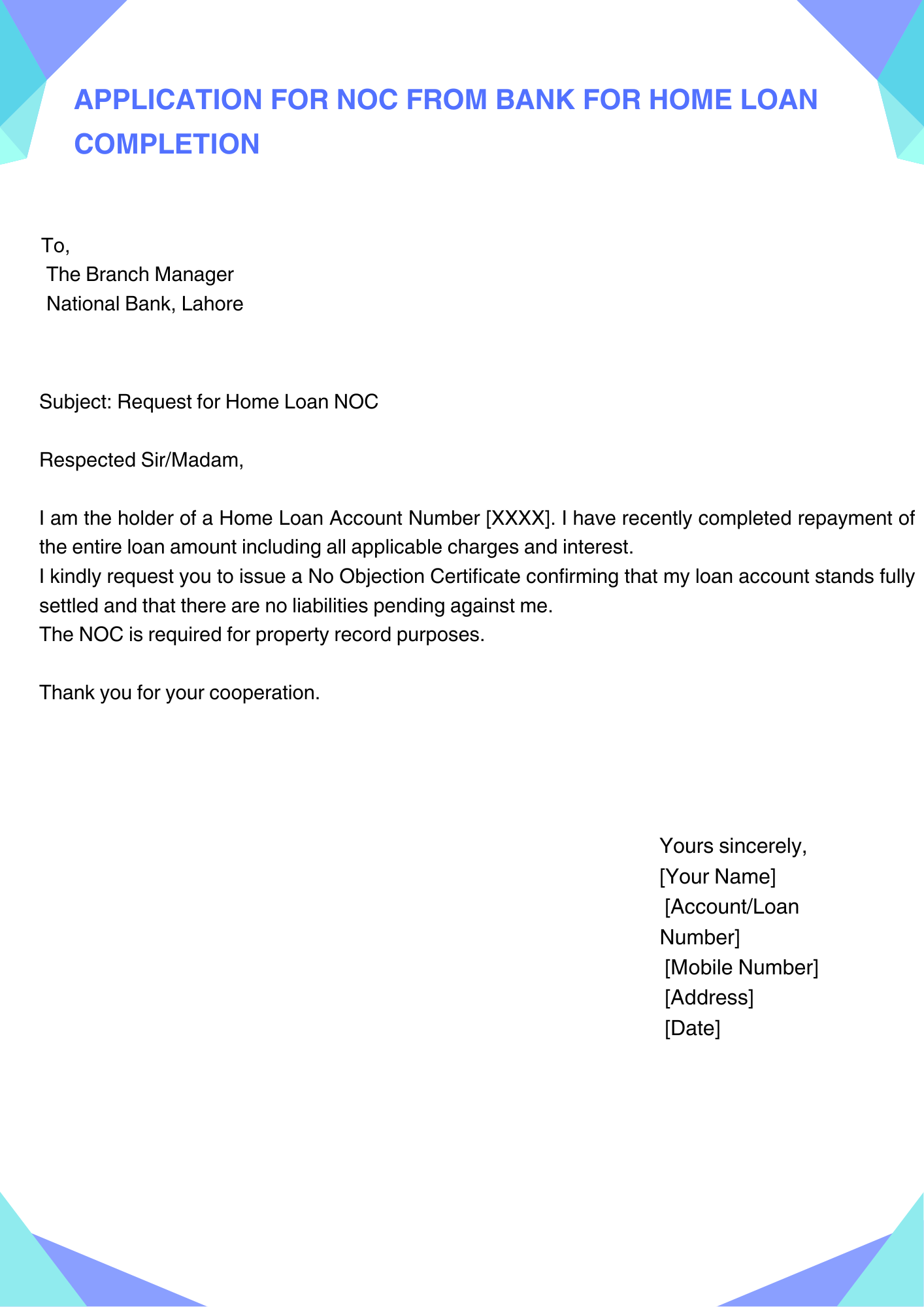 Application for NOC from bank for Home Loan Completion