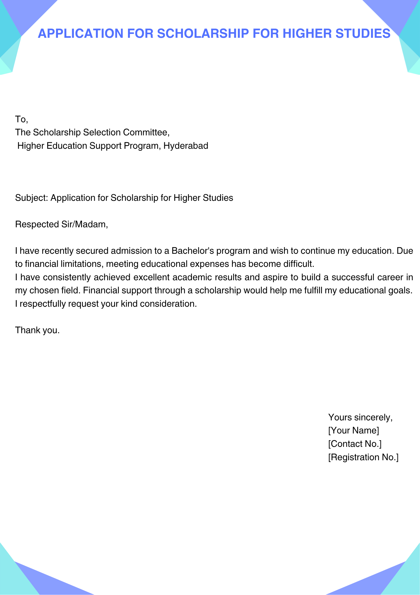 Application for Scholarship for Higher Studies