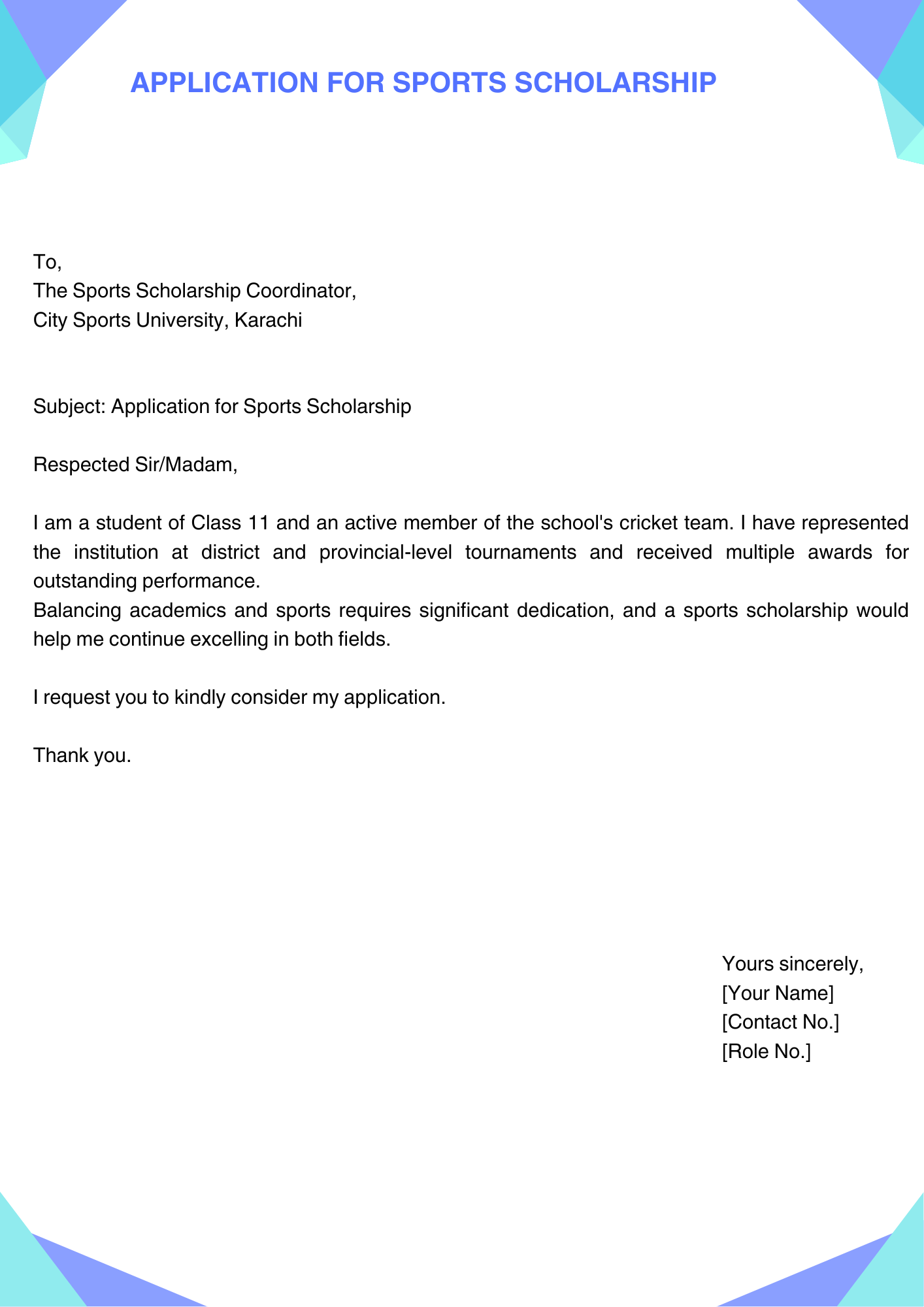 Application for Sports Scholarship