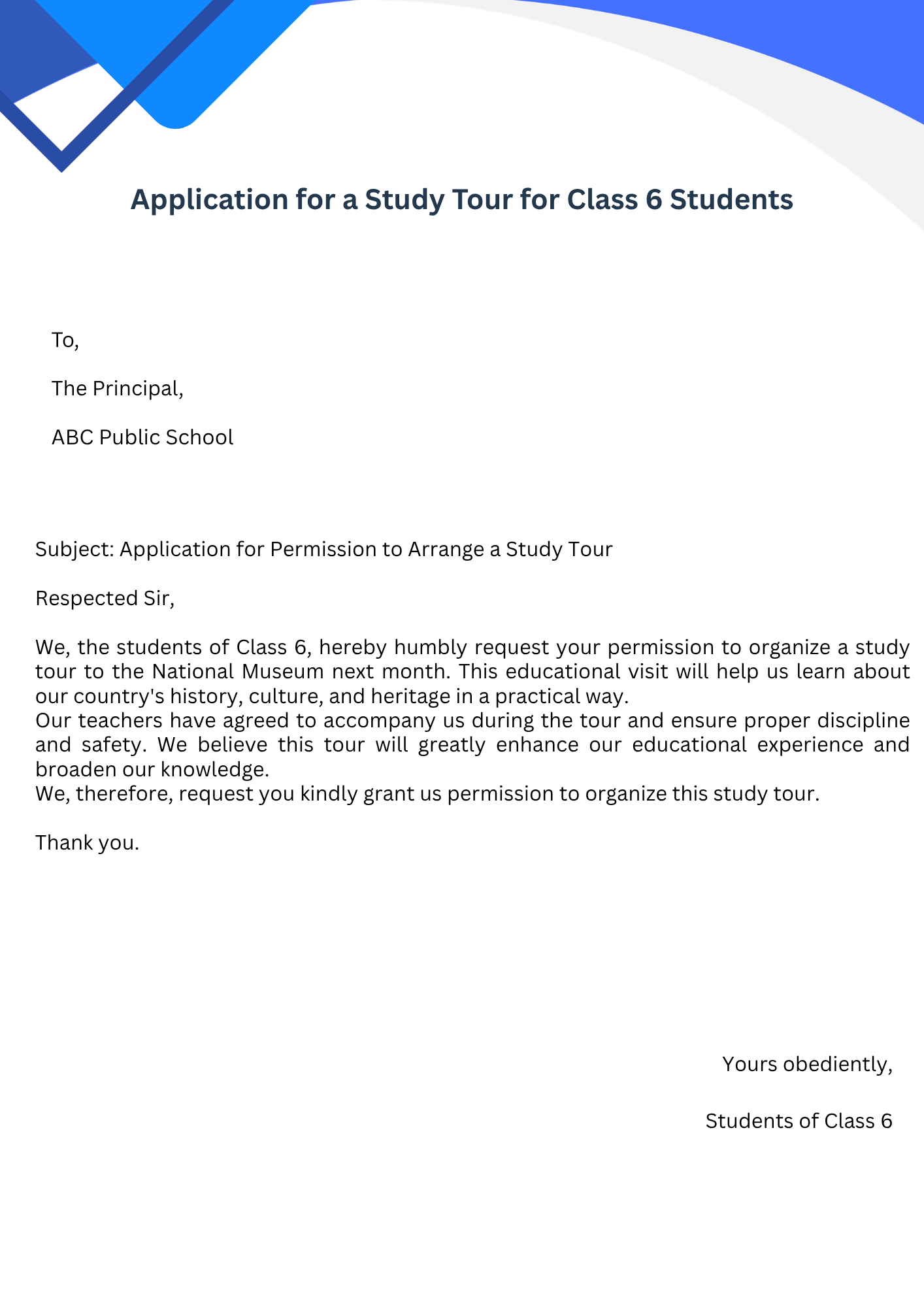 Application for a Study Tour for Class 6 Students